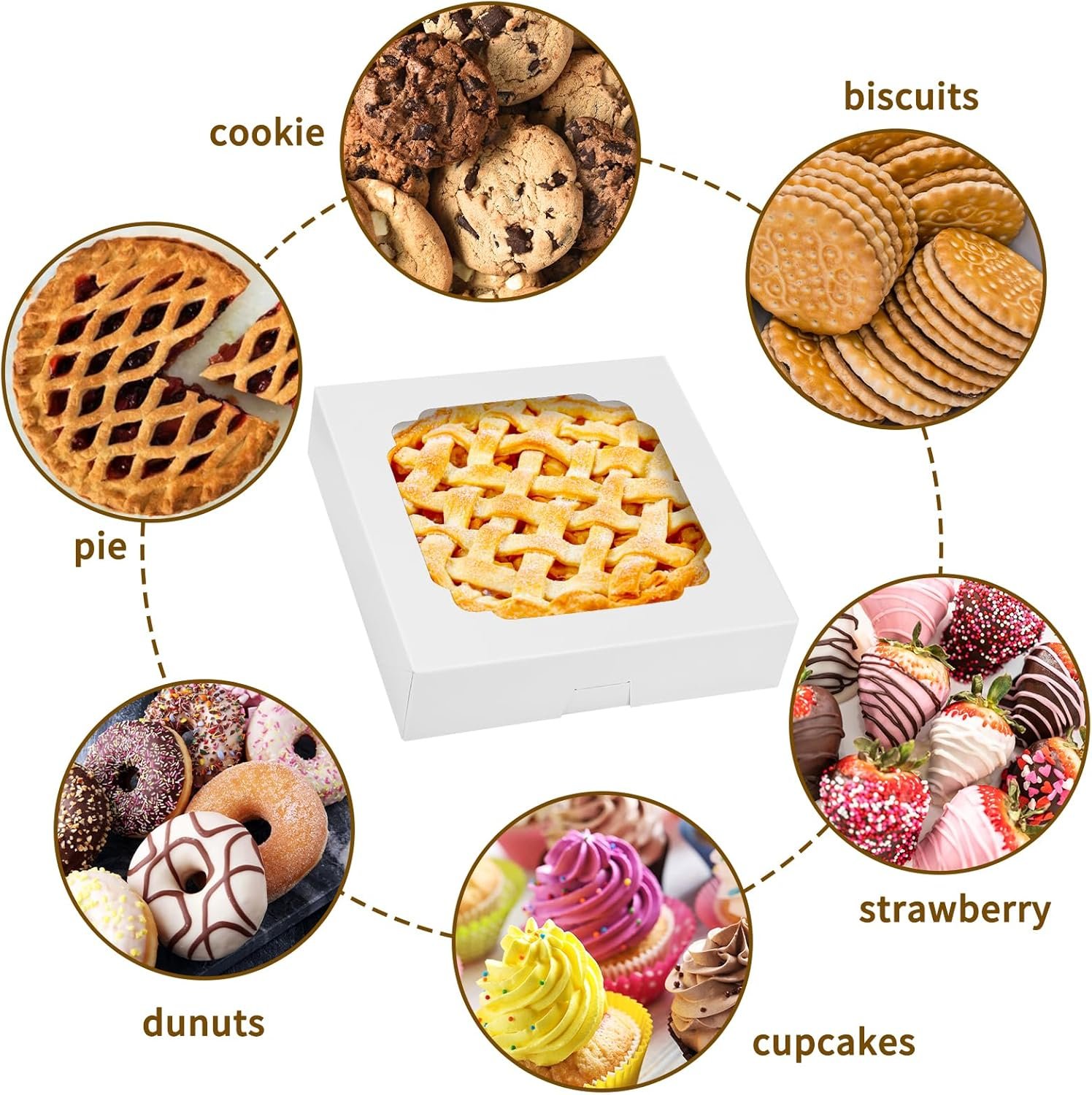 Grossiste Boîtes à tarte blanches 10x10x2.5 pouces avec fenêtre pour gâteaux, muffins, et donuts, Logo Personnalisé en vente en gros, Fabricant de contenants pour friandises. Grossiste Boîtes à tarte blanches 10x10x2.5 pouces avec fenêtre pour gâteaux, muffins, et donuts, Logo Personnalisé en vente en gros, Fabricant de contenants pour friandises.