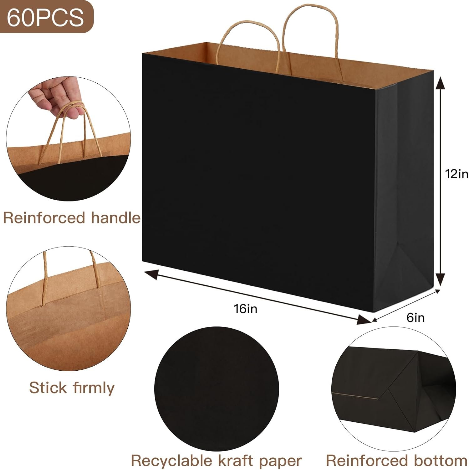 Grossiste en Vrac 60pcs de sacs en papier noir 16x6x12 pouces avec poignées, idéal pour cadeaux, achats, et fêtes d’anniversaire, Fabricant de sacs kraft personnalisés, Logo Personnalisé.
