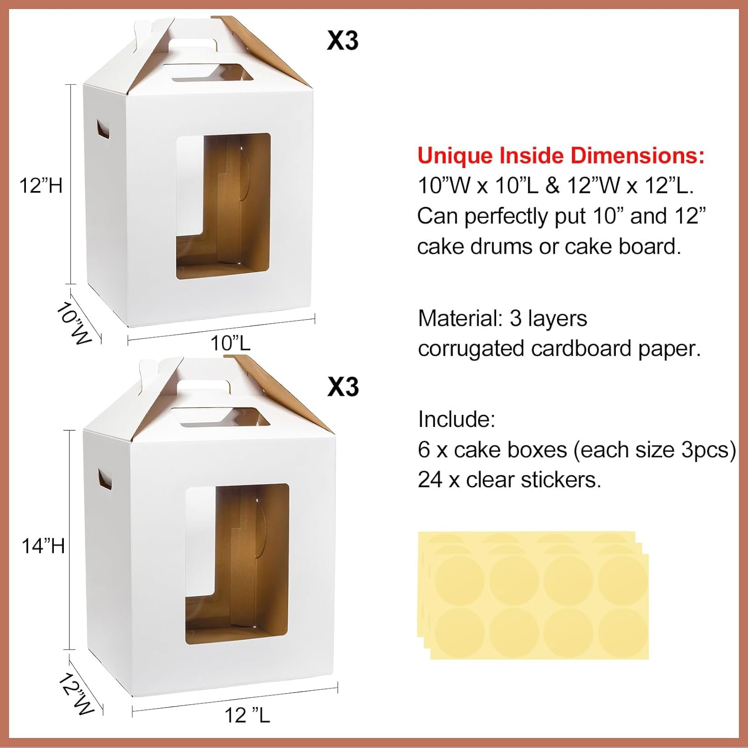 Grossiste boîte à gâteau haute, 6 pièces, avec fenêtre, tailles 10x10x12 & 12x12x14 pouces, transporteur de pâtisserie jetable avec poignée pour mariage, anniversaire, fête, fabriqué par un fournisseur de solutions personnalisées, vente en gros pour pâtisseries. Grossiste boîte à gâteau haute, 6 pièces, avec fenêtre, tailles 10x10x12 & 12x12x14 pouces, transporteur de pâtisserie jetable avec poignée pour mariage, anniversaire, fête, fabriqué par un fournisseur de solutions personnalisées, vente en gros pour pâtisseries.