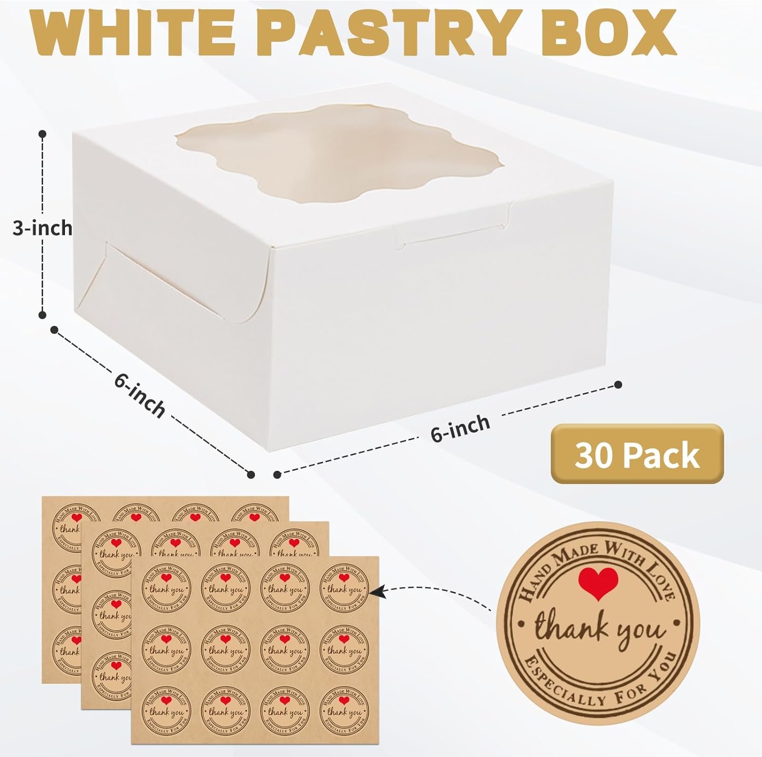 Boîtes à cookies blanches en gros, 30 pièces avec fenêtre 6x6x3 pouces, stickers personnalisés inclus, pour petites friandises, bonbons, desserts, et mini gâteaux, fournisseur de solutions OEM. Boîtes à cookies blanches en gros, 30 pièces avec fenêtre 6x6x3 pouces, stickers personnalisés inclus, pour petites friandises, bonbons, desserts, et mini gâteaux, fournisseur de solutions OEM.