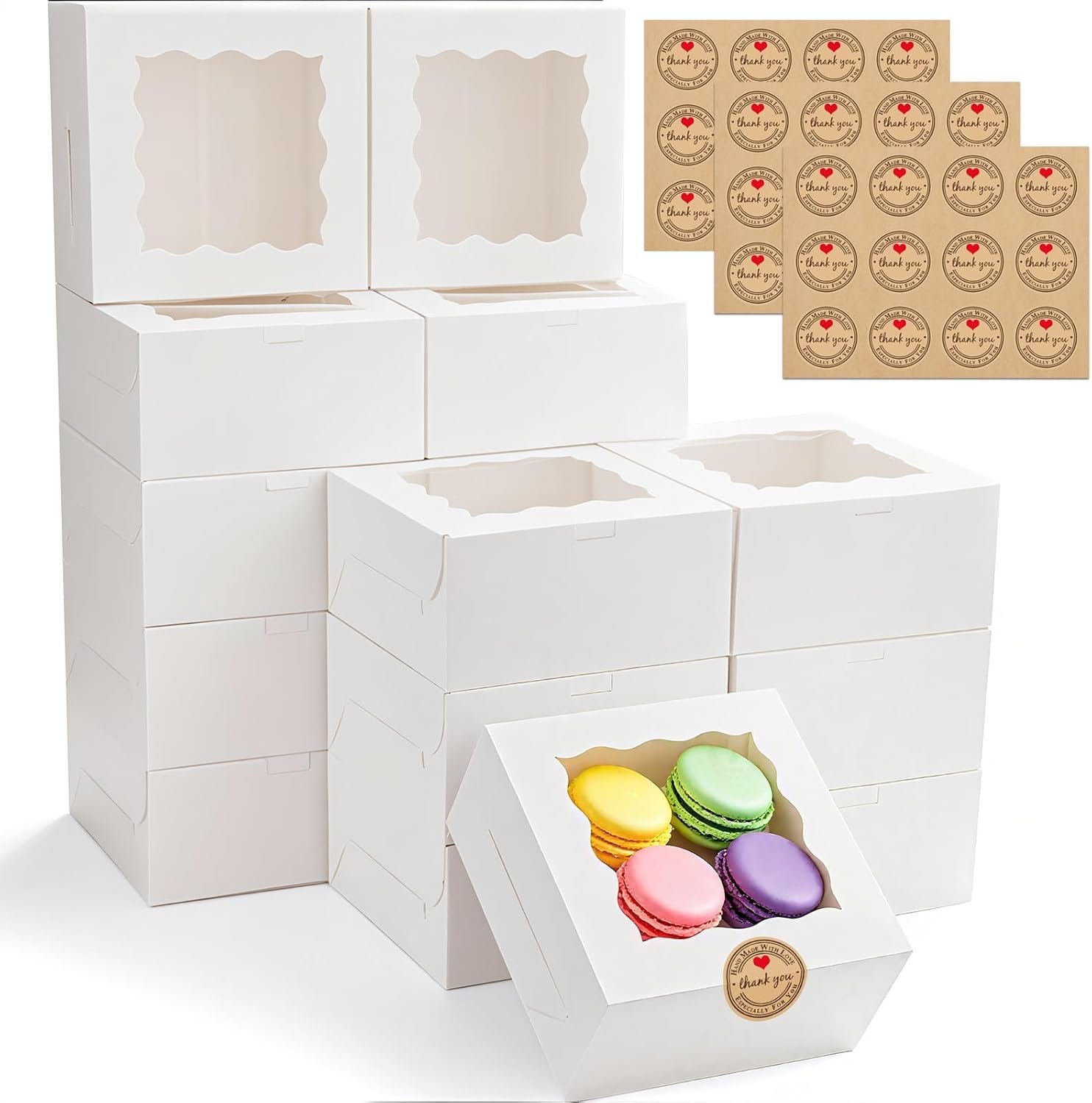 Boîtes à cookies blanches en gros, 30 pièces avec fenêtre 6x6x3 pouces, stickers personnalisés inclus, pour petites friandises, bonbons, desserts, et mini gâteaux, fournisseur de solutions OEM.