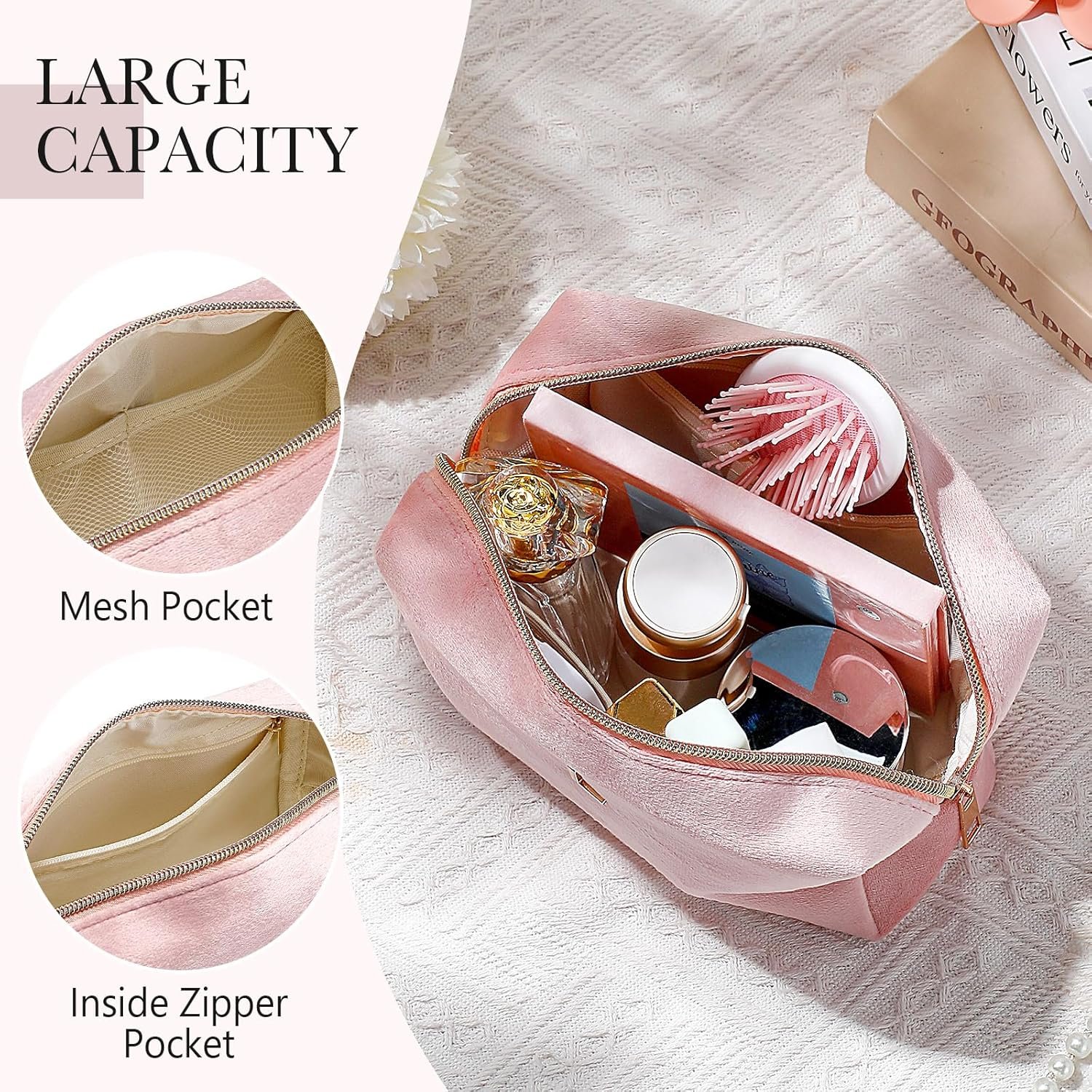 Grossiste de sacs de maquillage personnalisés en velours rose, pochette cosmétique monogrammée, sac de toilette tendance pour femmes et filles, parfait comme cadeau pour enseignants, mamans, demoiselles d'honneur, Saint-Valentin, anniversaires, graduation. Fabricant de produits en gros.