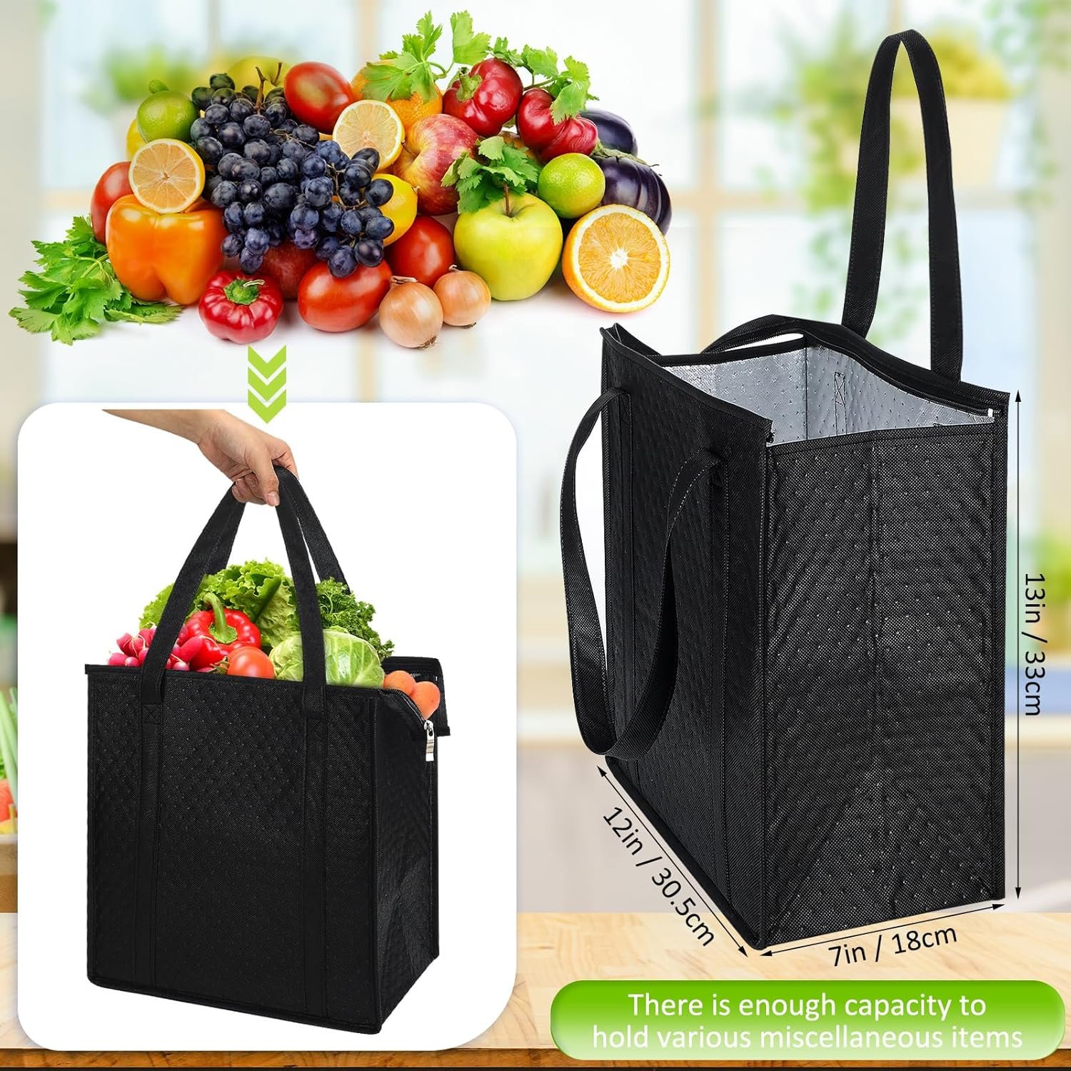 Sac de courses isothermes réutilisables de 10 pièces, 13 x 12 x 7 pouces, avec zip pour livraison de nourriture chaude ou froide, fournisseur en gros, logo personnalisé.