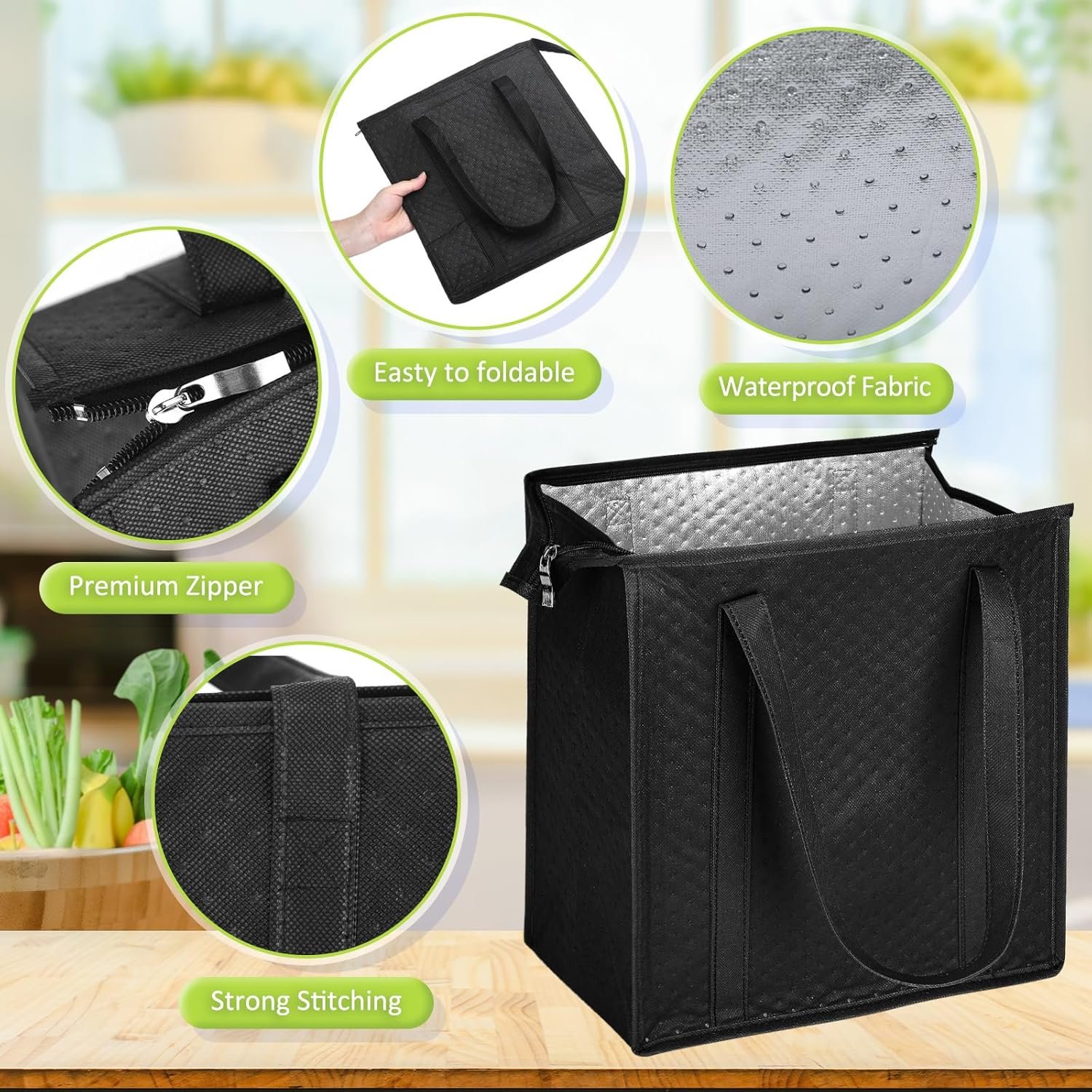 Sac de courses isothermes réutilisables de 10 pièces, 13 x 12 x 7 pouces, avec zip pour livraison de nourriture chaude ou froide, fournisseur en gros, logo personnalisé.