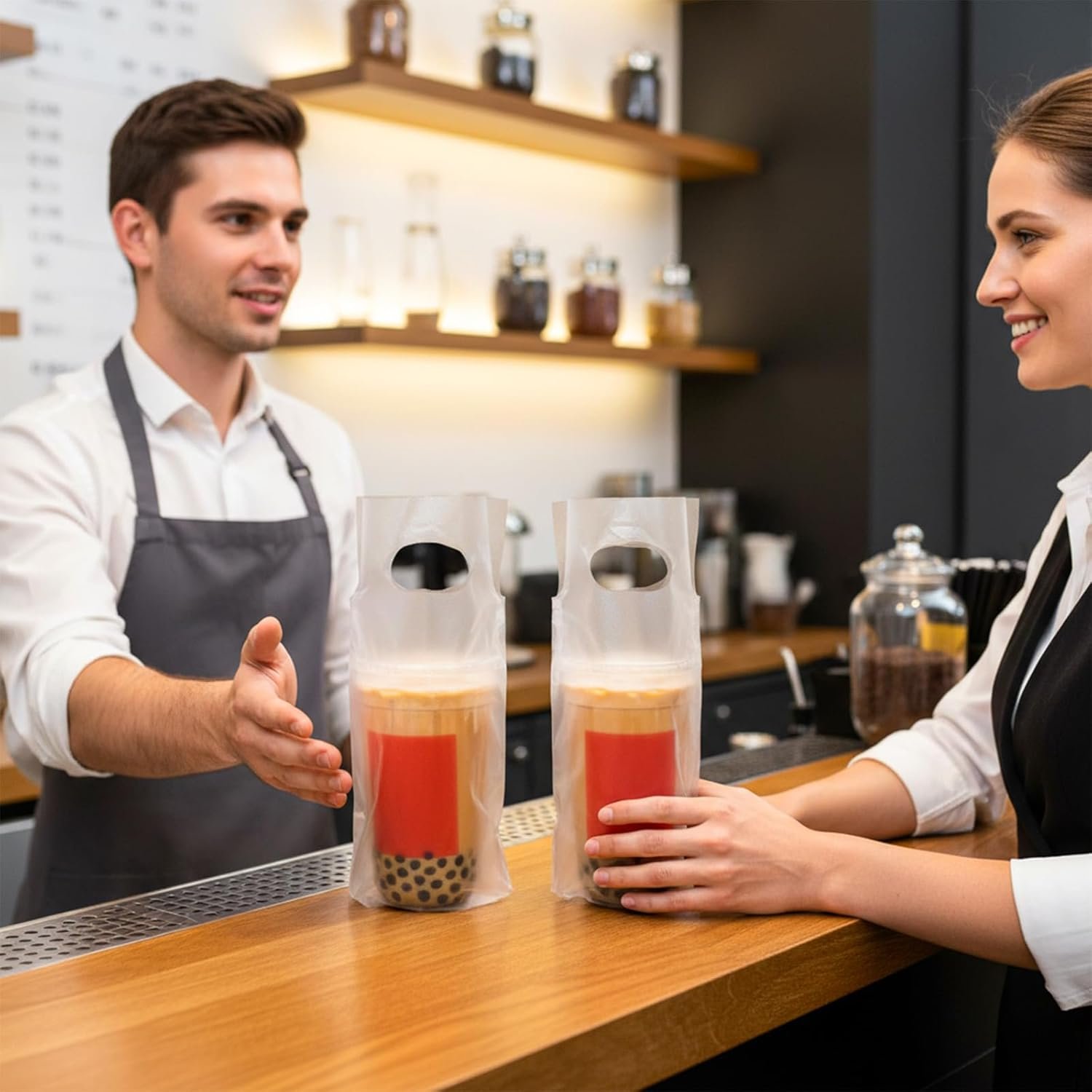 Grossiste en Vrac, support à boissons 1000 PCS pour livraison, sac en plastique transparent avec poignet, contenant portable pour café à emporter avec trou de suspension, idéal pour une tasse, café, jus (6