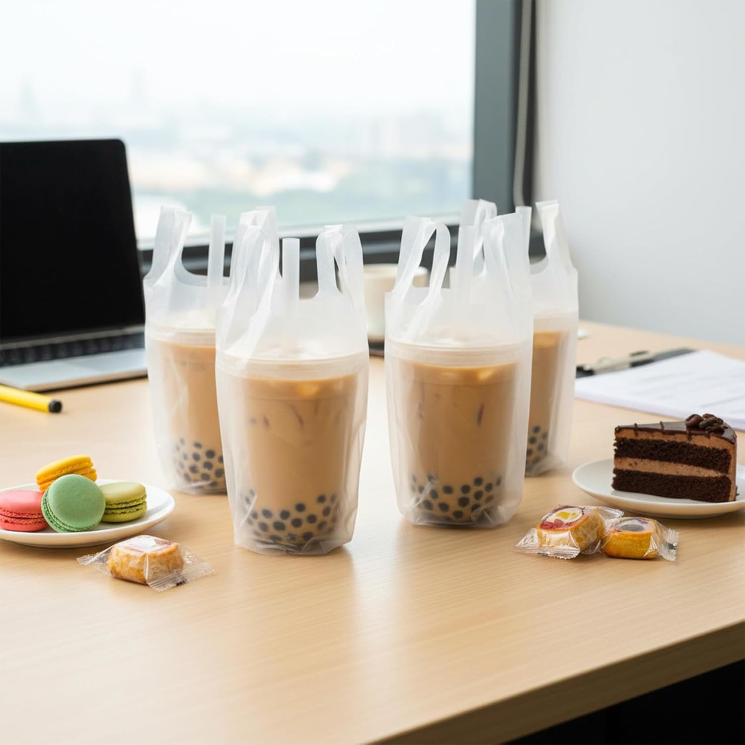 Grossiste en Vrac, support à boissons 1000 PCS pour livraison, sac en plastique transparent avec poignet, contenant portable pour café à emporter avec trou de suspension, idéal pour une tasse, café, jus (6