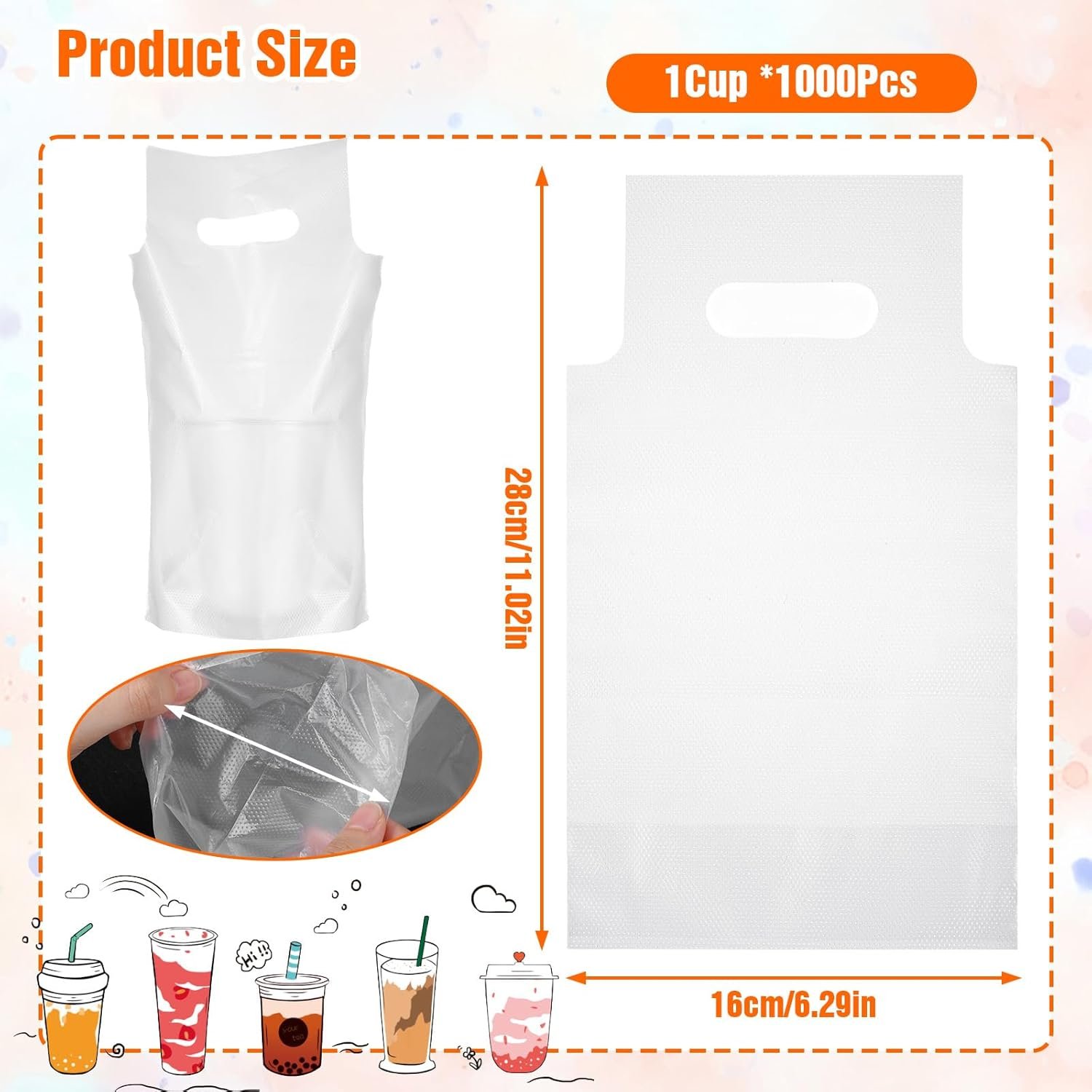 Grossiste en Vrac, support à boissons 1000 PCS pour livraison, sac en plastique transparent avec poignet, contenant portable pour café à emporter avec trou de suspension, idéal pour une tasse, café, jus (6