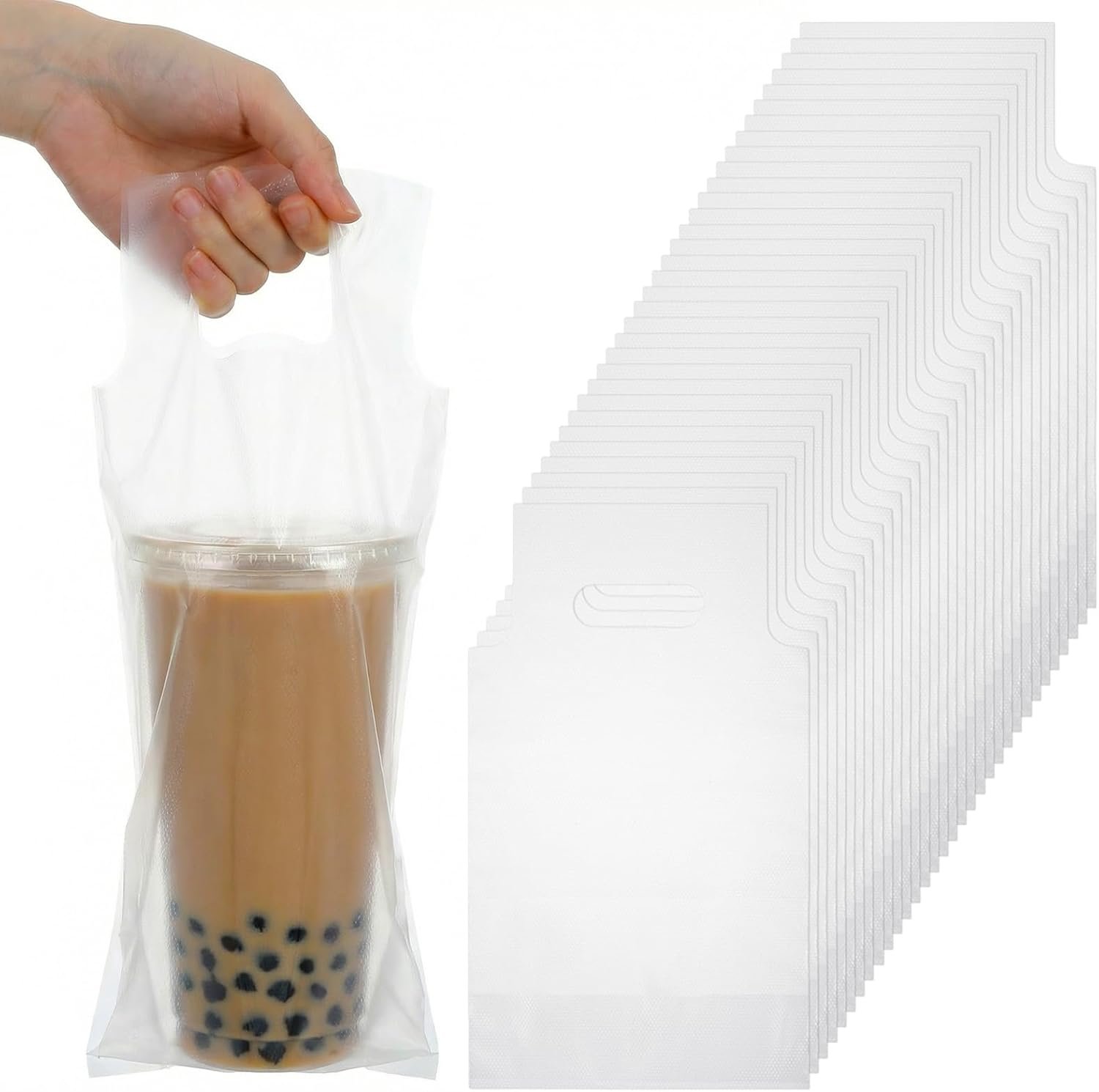 Grossiste en Vrac, support à boissons 1000 PCS pour livraison, sac en plastique transparent avec poignet, contenant portable pour café à emporter avec trou de suspension, idéal pour une tasse, café, jus (6" L x 11" H), Fabricant d'articles en plastique.