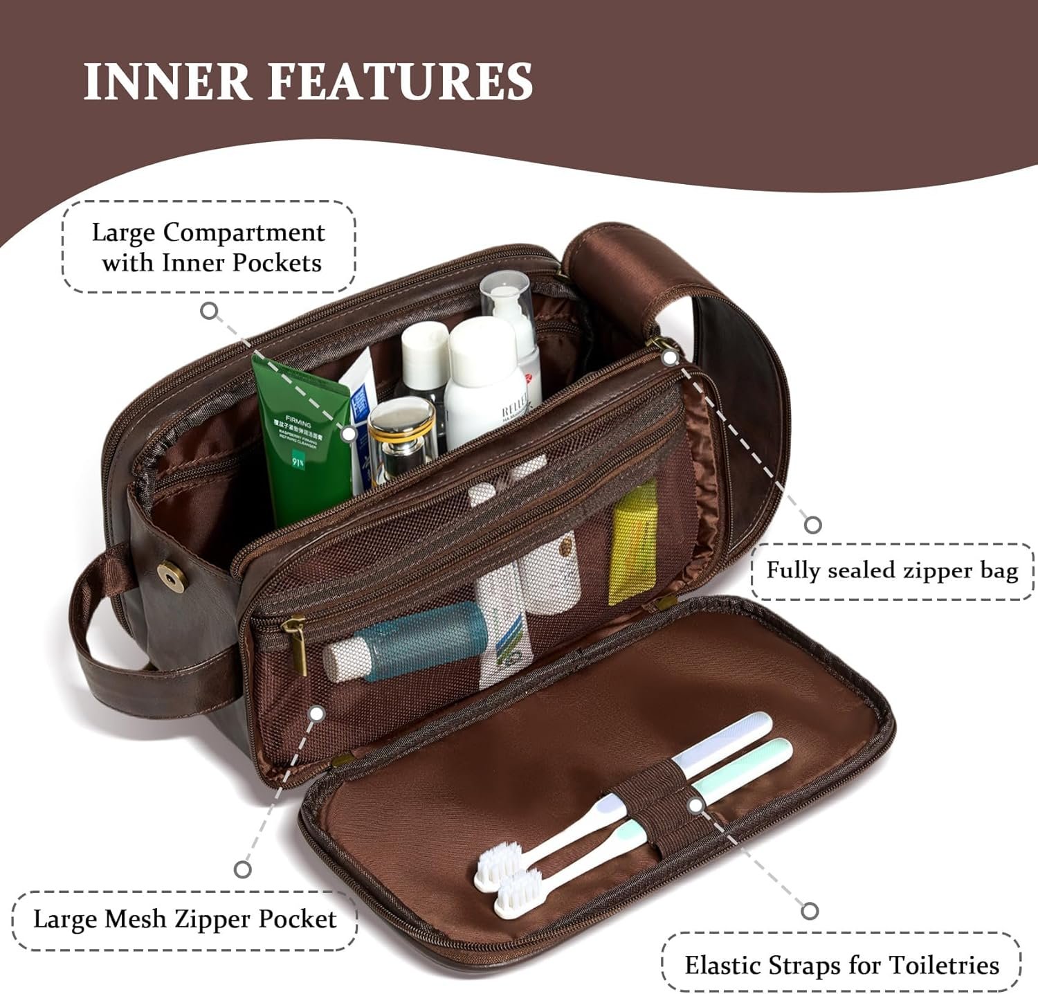 Toiletry Bag Waterproof Grand pour Hommes, Logo Personnalisé, Cadeaux Personnalisés en Cuir Gravés, Fabricant de Sacs de Voyage, Essentiels de Voyage pour Hommes, Grossiste en Accessoires de Voyage (Marron Foncé A) Toiletry Bag Waterproof Grand pour Hommes, Logo Personnalisé, Cadeaux Personnalisés en Cuir Gravés, Fabricant de Sacs de Voyage, Essentiels de Voyage pour Hommes, Grossiste en Accessoires de Voyage (Marron Foncé A)