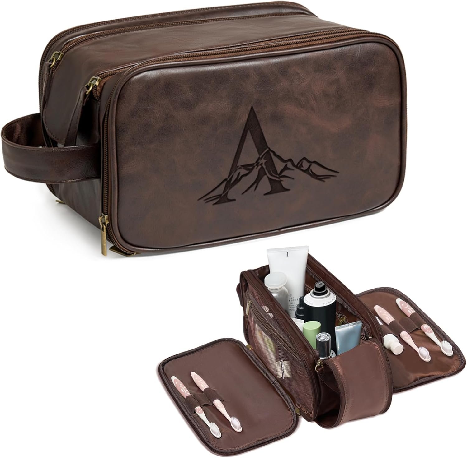 Toiletry Bag Waterproof Grand pour Hommes, Logo Personnalisé, Cadeaux Personnalisés en Cuir Gravés, Fabricant de Sacs de Voyage, Essentiels de Voyage pour Hommes, Grossiste en Accessoires de Voyage (Marron Foncé A)