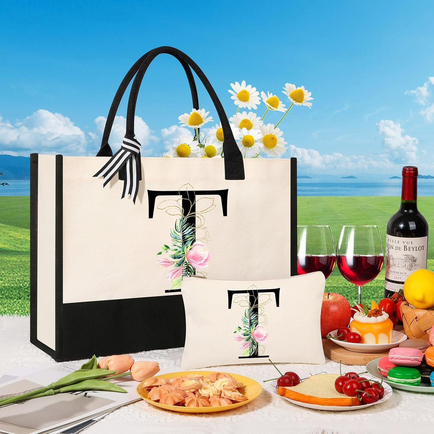 Sac de plage en toile personnalisable, idéal pour les cosmétiques, en gros auprès d'un fournisseur, cadeau parfait pour sœur, mère, enseignante ou demoiselle d’honneur. Logo personnalisé inclus.