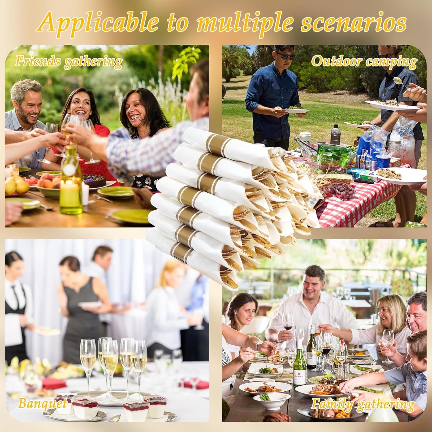 Grossiste Set de couverts plastiques dorés 120 pièces avec serviettes en papier, Fournisseur de services OEM pour la Saint-Valentin, la fête des mères et Pâques, Vente en gros de couverts jetables roulés