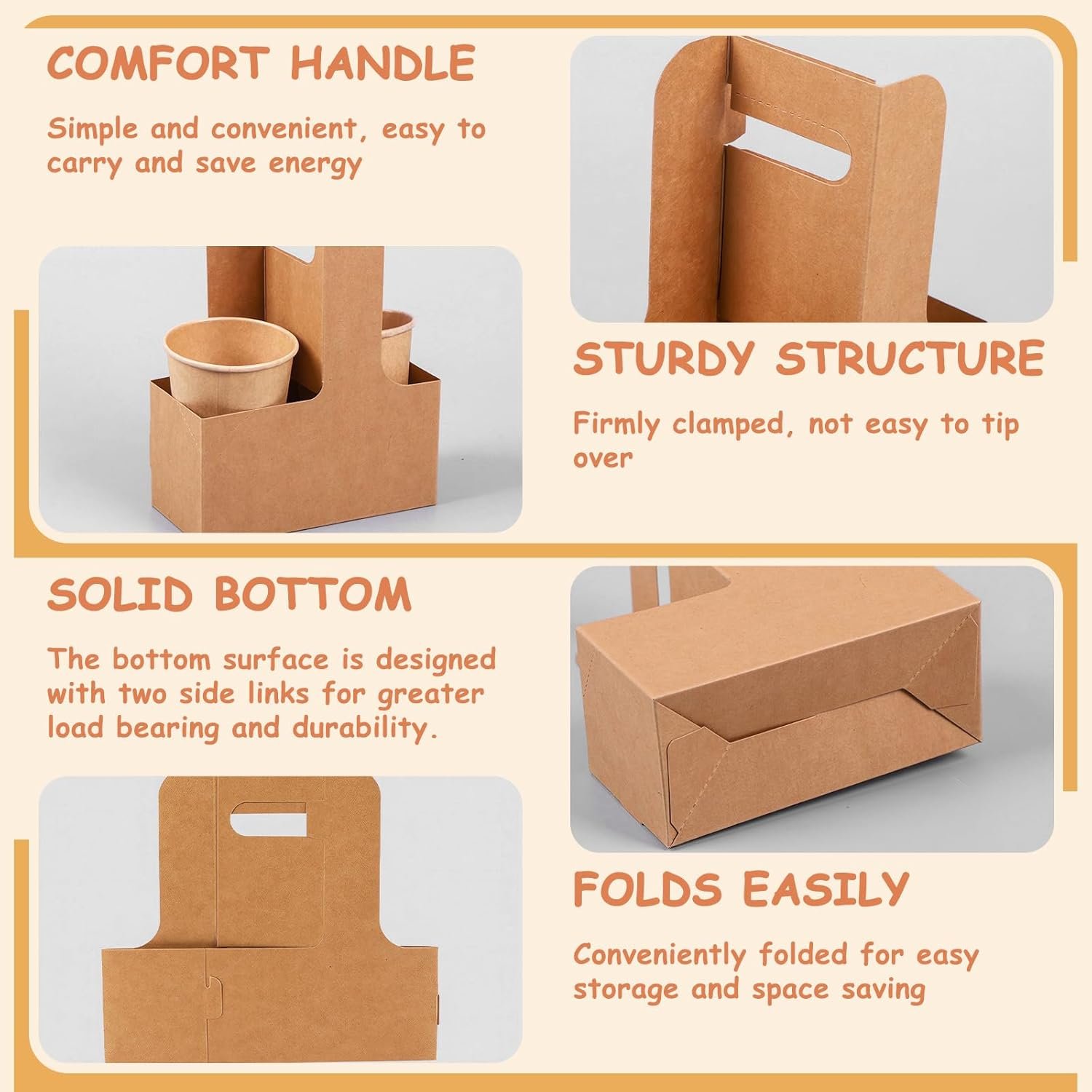 Grossiste 20 Pièces Porte-Gobelet Jetable avec Poignée, Usine de Porte-Gobelets en Carton Kraft pour 2 Tasses, Logo Personnalisé, Support Pliable pour Boissons Chaudes ou Froides