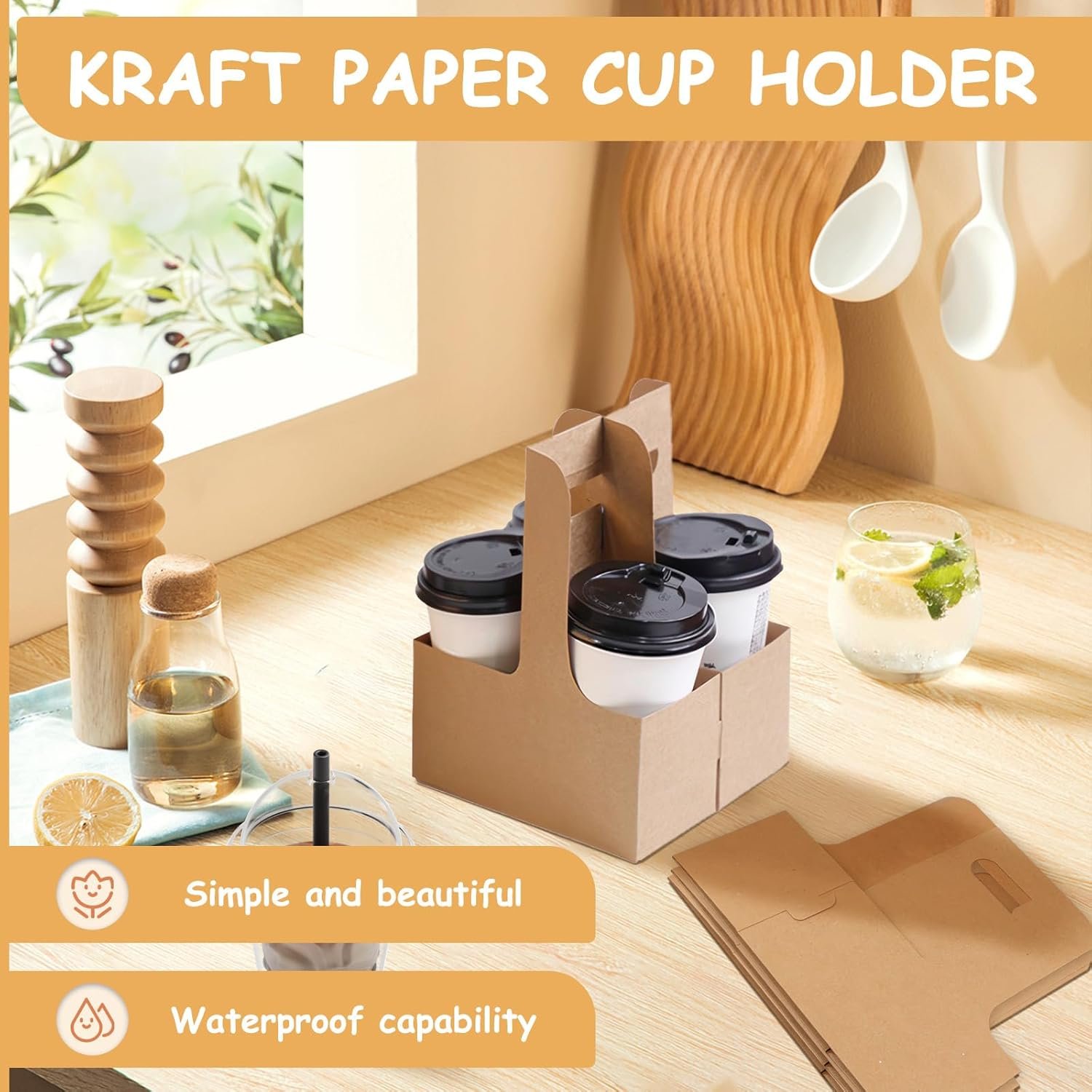 Grossiste 20 Pièces Porte-Gobelet Jetable avec Poignée, Usine de Porte-Gobelets en Carton Kraft pour 2 Tasses, Logo Personnalisé, Support Pliable pour Boissons Chaudes ou Froides