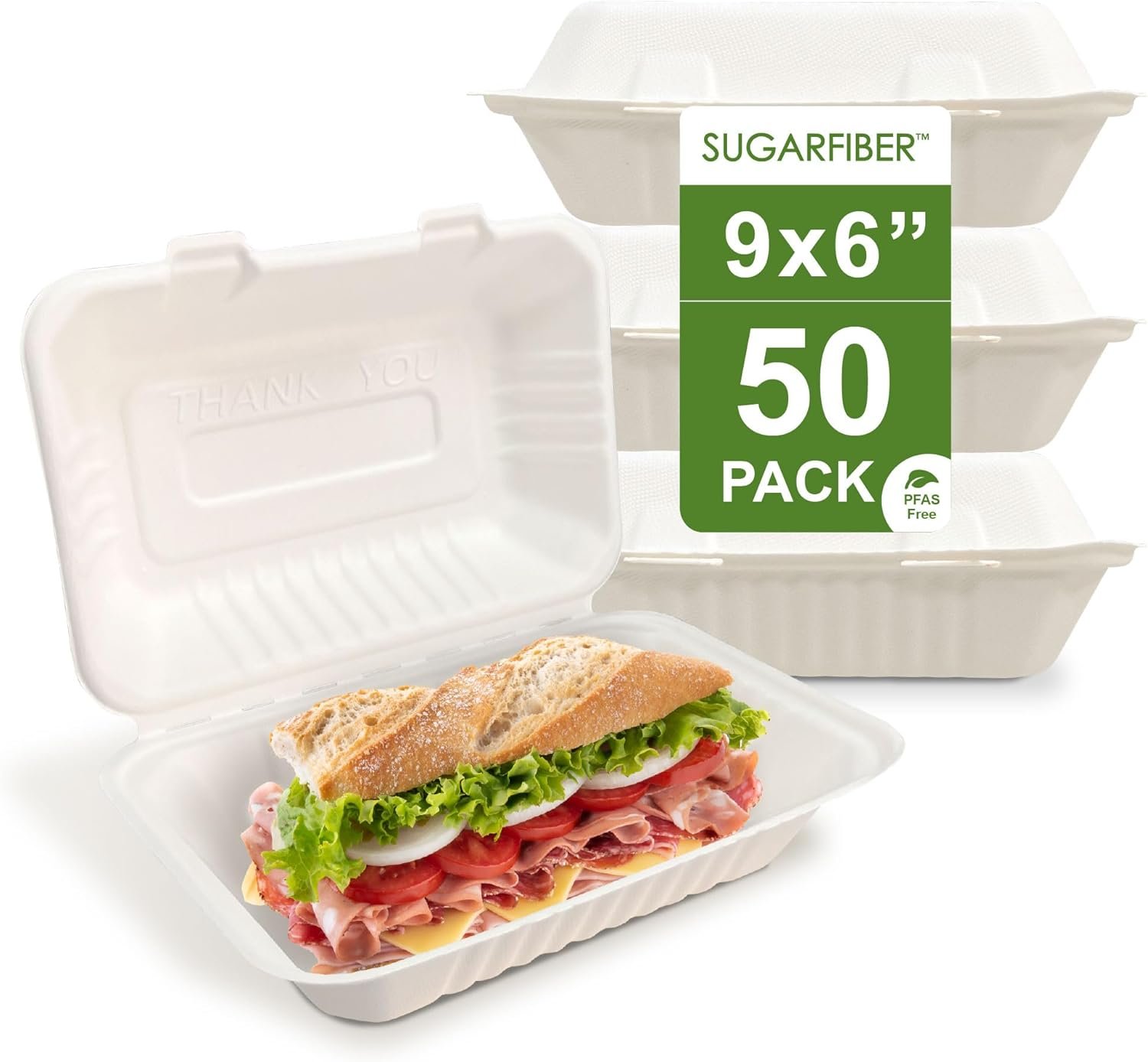 Grossiste en emballages alimentaires compostables, conteneurs à emporter blancs 9 x 6", contenant rigide à charnière écologique en bagasse de canne à sucre, OEM, boîte à emporter jetable sans PFAS, vente en gros.