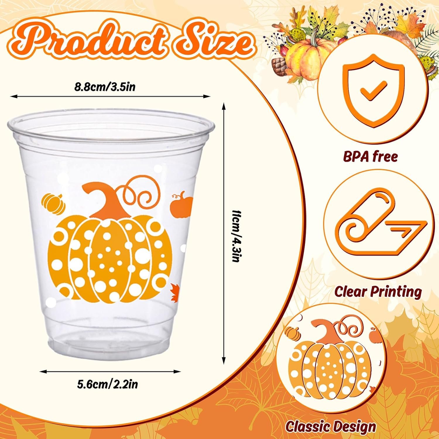 Grossiste gobelets en plastique jetables de 12 oz pour l'automne avec motifs de citrouille, fournies en 50 unités, parfaits pour célébrations, anniversaire, mariage et événements, marque blanche et personnalisable.
