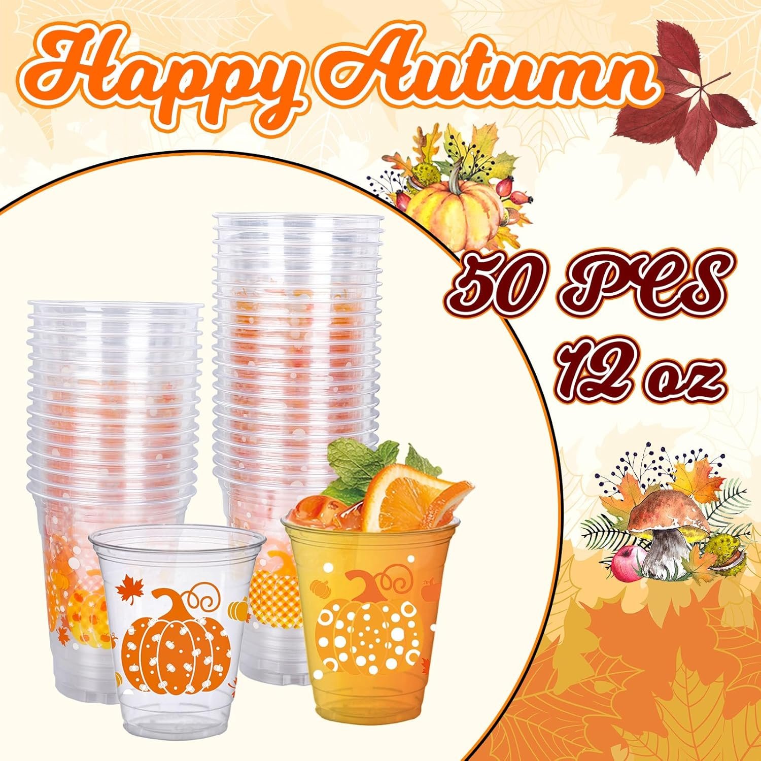 Grossiste gobelets en plastique jetables de 12 oz pour l'automne avec motifs de citrouille, fournies en 50 unités, parfaits pour célébrations, anniversaire, mariage et événements, marque blanche et personnalisable.