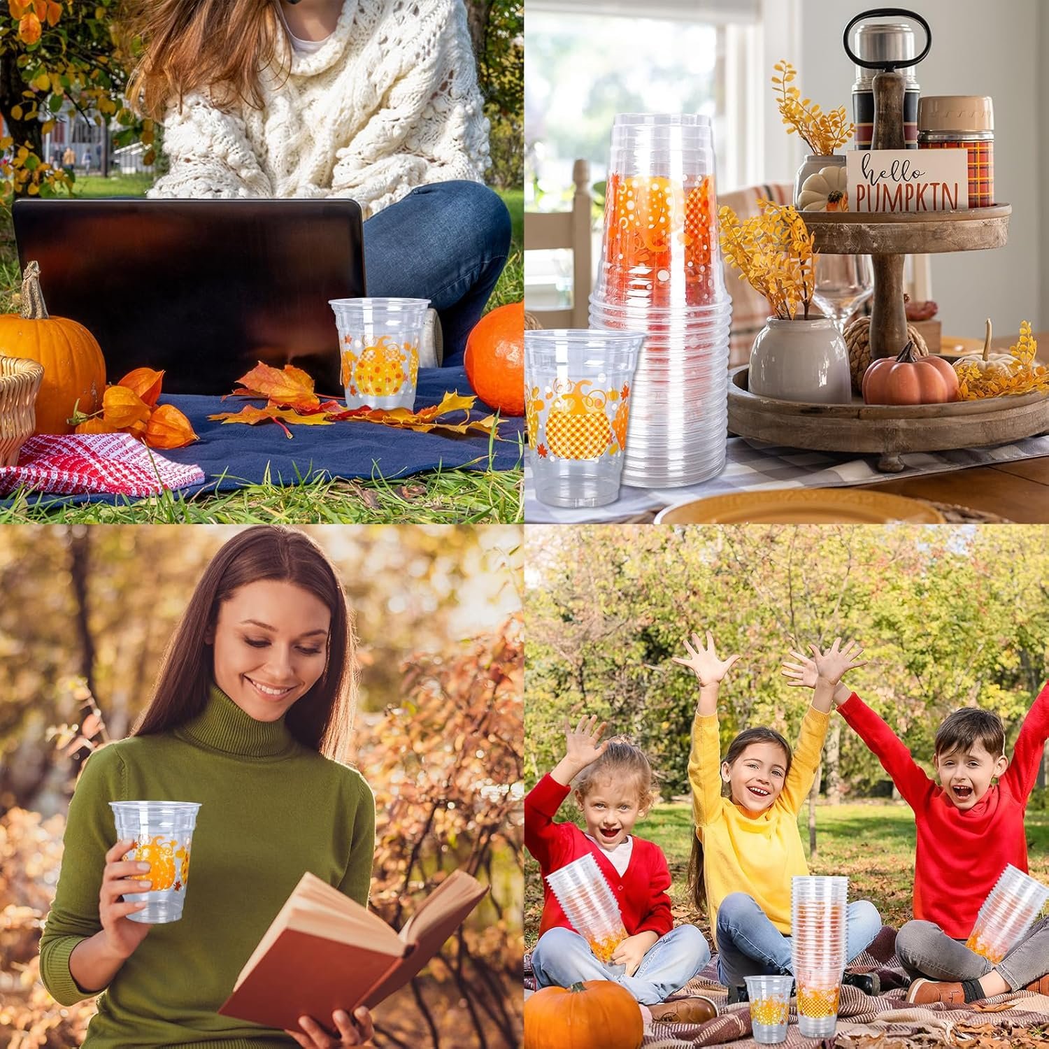 Grossiste gobelets en plastique jetables de 12 oz pour l'automne avec motifs de citrouille, fournies en 50 unités, parfaits pour célébrations, anniversaire, mariage et événements, marque blanche et personnalisable.