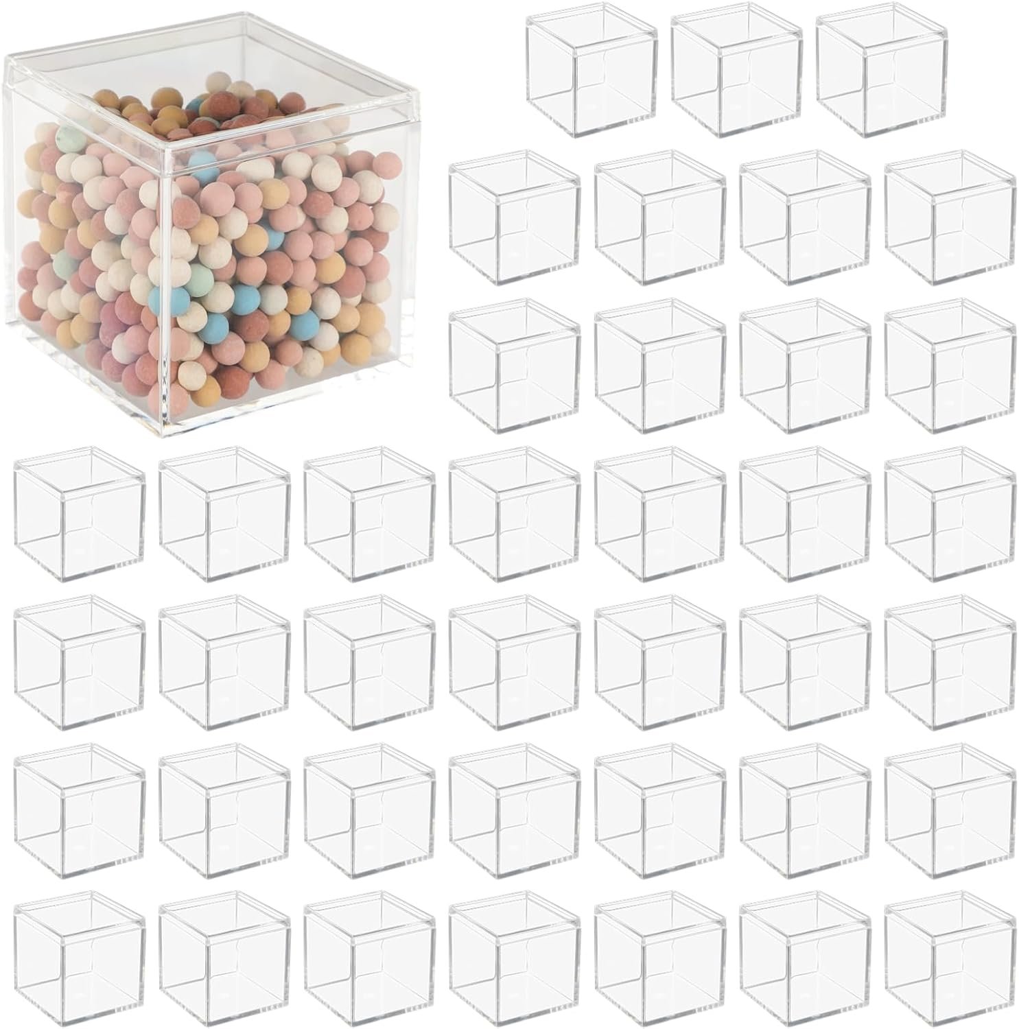 Grossiste 40 Pcs Boîtes Acryliques Transparentes, 2,2 x 2,2 x 2,2 po, Avec Couvercles pour Bonbons, Pilules, Boucles d'Oreilles, Bijoux, Perles Miniatures, Fournisseur OEM