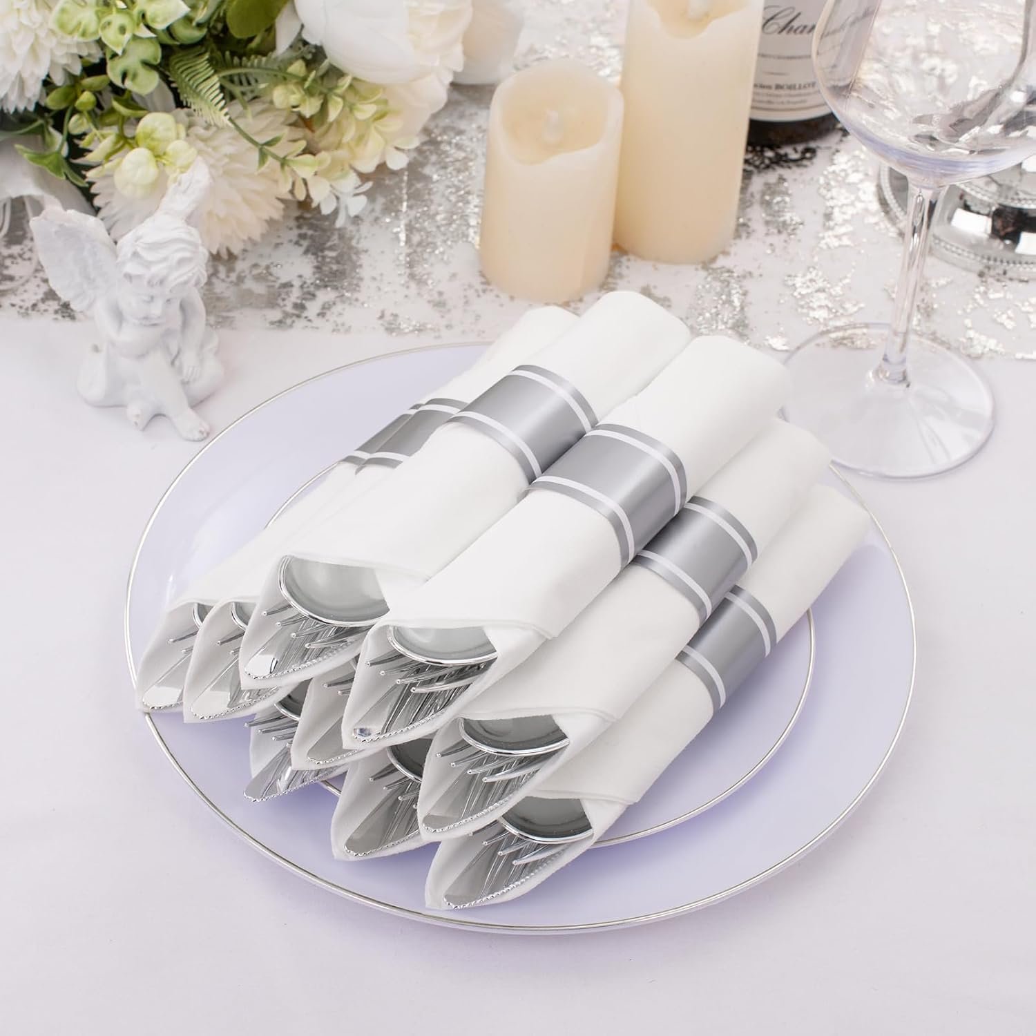 Grossiste en Vrac de Couverts en Plastique Argenté, Ensemble de Couverts Jetables avec Serviette Prêts à l'Emploi Idéal pour la Saint-Valentin, la Fête des Mères et Pâques, Fabricant de Logo Personnalisé Grossiste en Vrac de Couverts en Plastique Argenté, Ensemble de Couverts Jetables avec Serviette Prêts à l'Emploi Idéal pour la Saint-Valentin, la Fête des Mères et Pâques, Fabricant de Logo Personnalisé