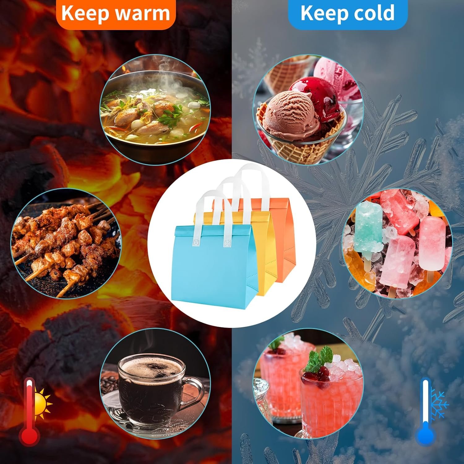 Grossiste de sacs isothermes à emporter 25PCS 9,2 x 9 x 5,9 pouces, sacs à lunch jetables isolés, idéal pour la restauration, livraison de nourriture, café, thé au lait, vente en gros, OEM disponible, en 5 couleurs.