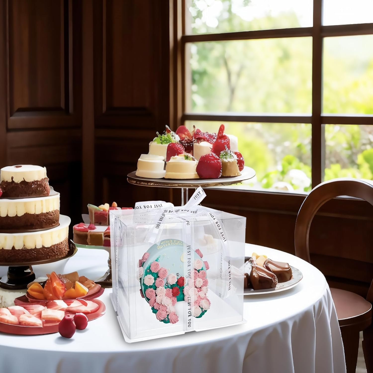 Grossiste boîte à gâteau transparente, 2 pièces de 7'' avec couvercles et carte cadeau en ruban, OEM fournisseur d'emballages pour pâtisseries, logo personnalisé pour anniversaires, mariages et fêtes.