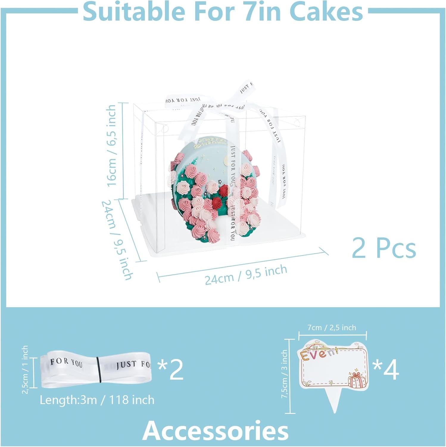 Grossiste boîte à gâteau transparente, 2 pièces de 7'' avec couvercles et carte cadeau en ruban, OEM fournisseur d'emballages pour pâtisseries, logo personnalisé pour anniversaires, mariages et fêtes.