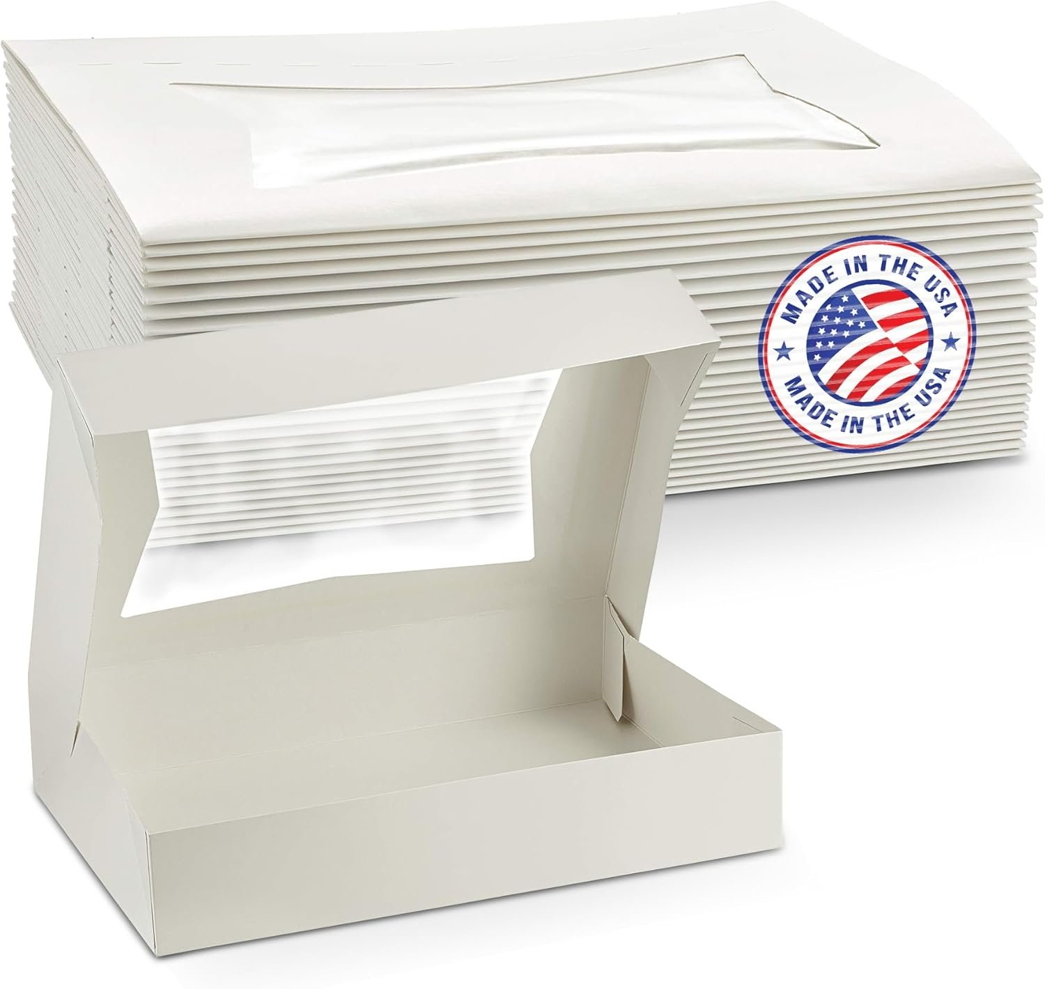 Boîtes à pâtisserie blanches 12" x 8" x 2,25" avec fenêtre (paquet de 25) pour chocolat, cookies, beignets et pâtisseries - Grossiste de boîtes en papier auto-déployantes - Fabricant de solutions d'emballage avec logo personnalisé.