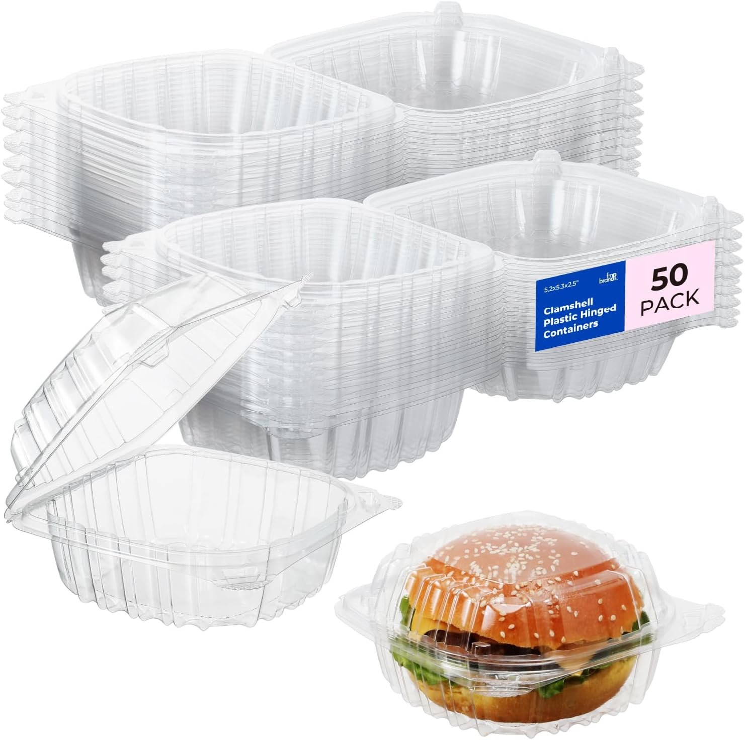 Grossiste Conteneurs en Plastique Clamshell Transparents 50 Pack 5,3 x 5,2 x 2,5 Pouces Idéals pour Sandwichs, Hamburger, Salades, Gâteaux, Fruits - Fabricant de Solutions en Vrac, Vente en Gros de Produits Jetables, Logo Personnalisé
