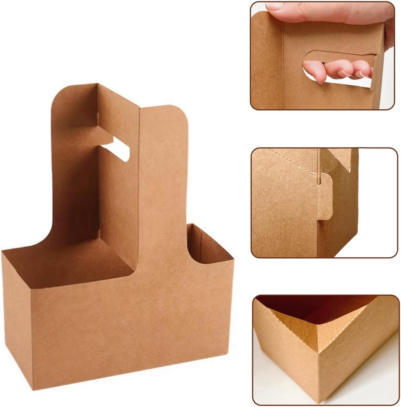 Grossiste support à boissons en papier Kraft pour 2 tasses avec poignée, 20 unités, logo personnalisé, fabricant de contenants jetables pour la livraison et le service à emporter.