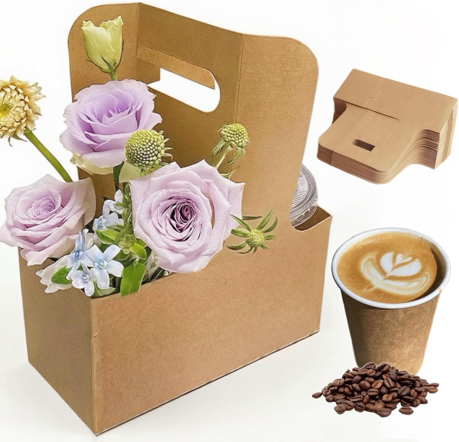 Grossiste support à boissons en papier Kraft pour 2 tasses avec poignée, 20 unités, logo personnalisé, fabricant de contenants jetables pour la livraison et le service à emporter.