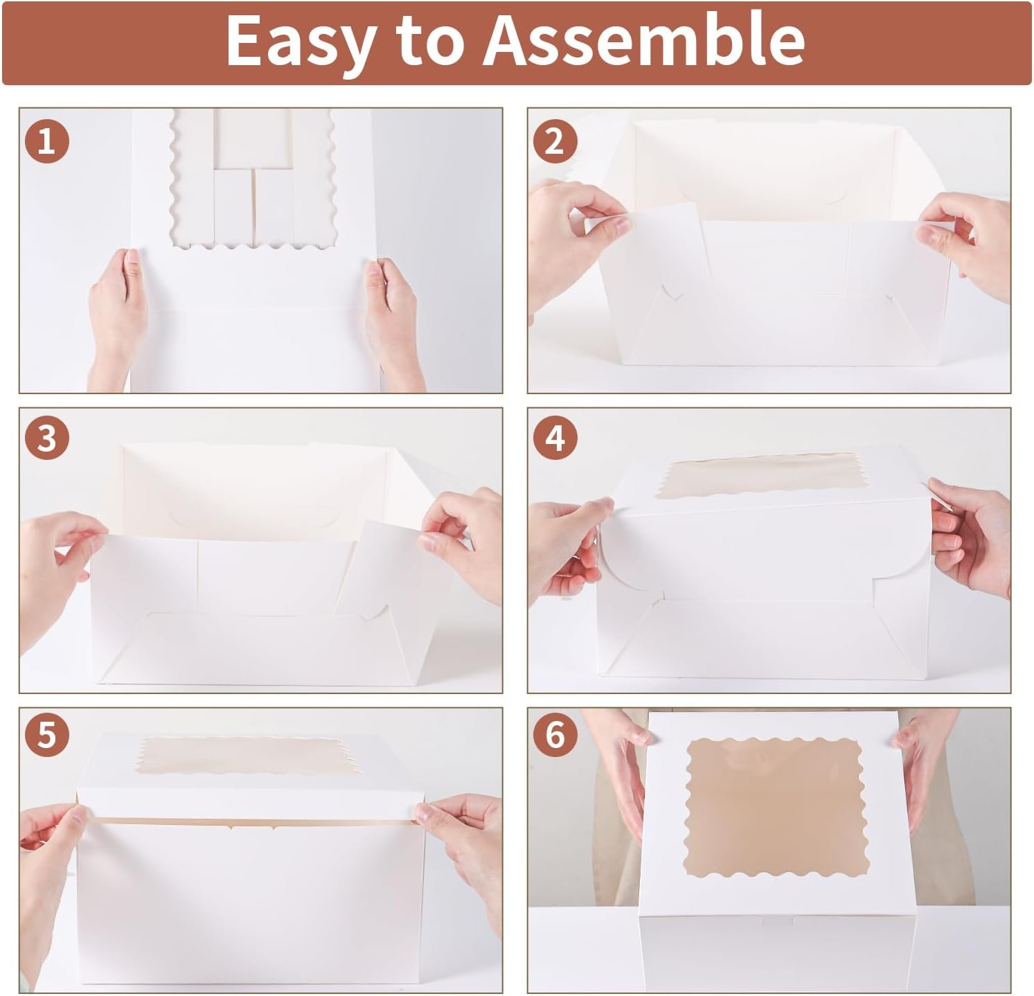 Boîte à gâteaux jetable 10x10x5 pouces en gros, 48 pièces, logo personnalisé, fabricant de boîtes blanches avec fenêtre, 24 pièces et 24 planches.