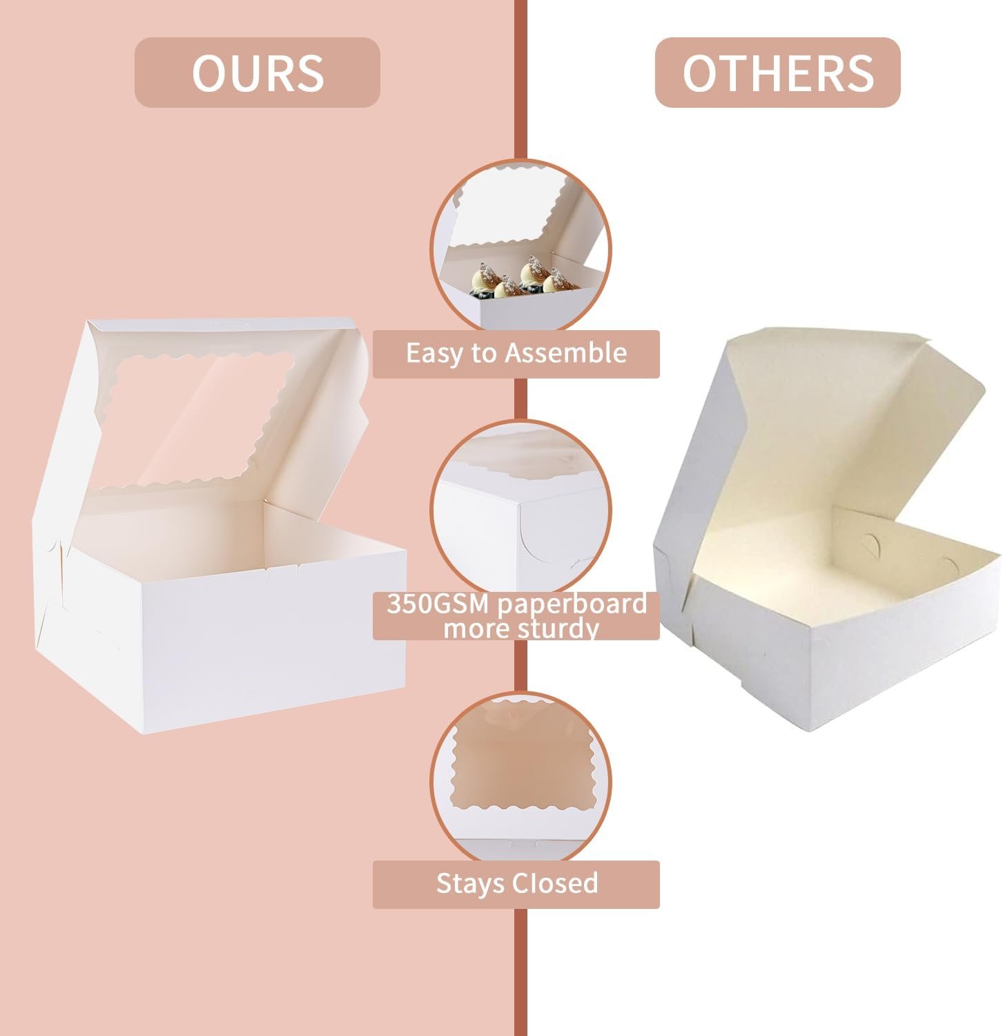 Boîte à gâteaux jetable 10x10x5 pouces en gros, 48 pièces, logo personnalisé, fabricant de boîtes blanches avec fenêtre, 24 pièces et 24 planches.