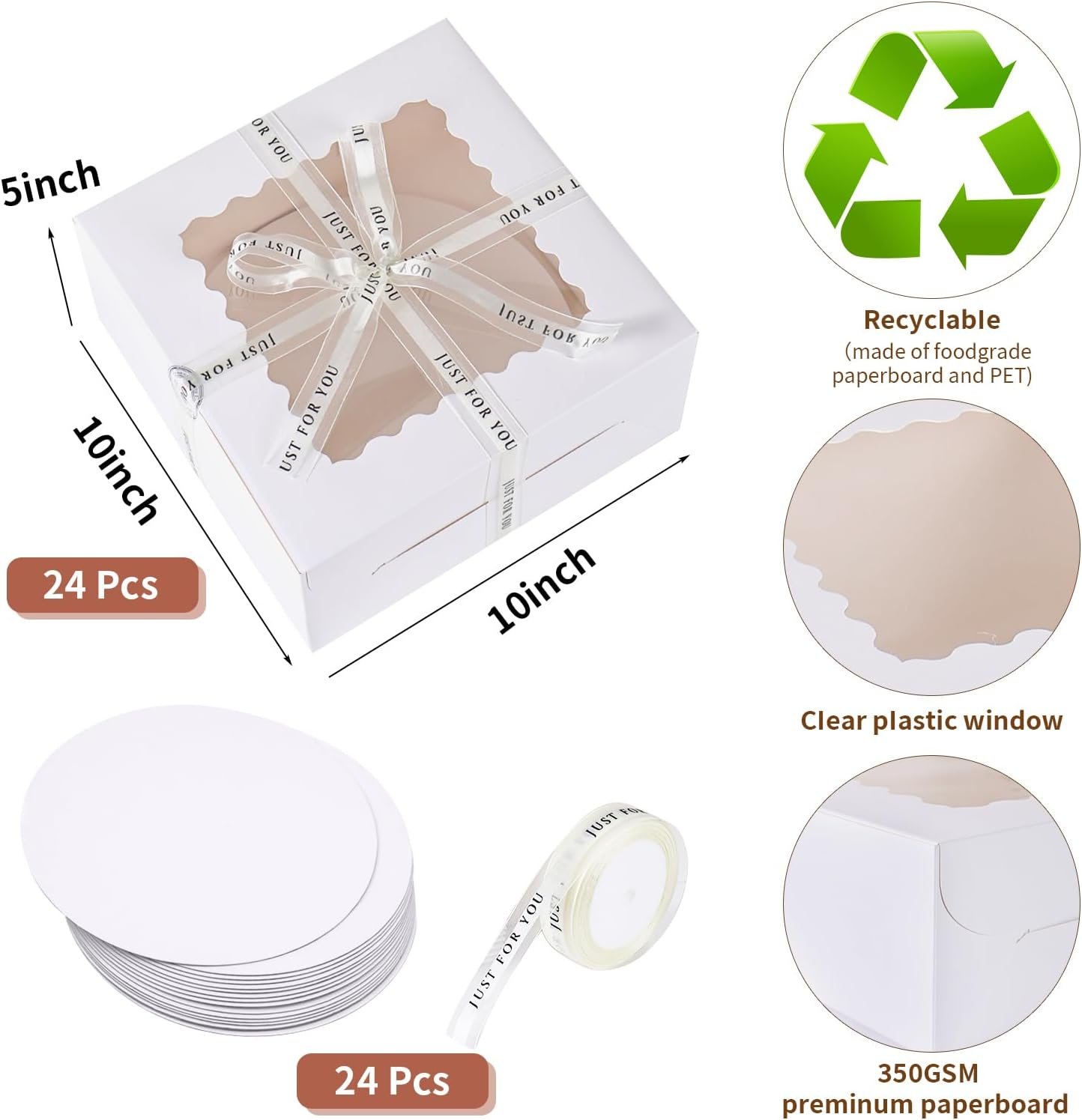 Boîte à gâteaux jetable 10x10x5 pouces en gros, 48 pièces, logo personnalisé, fabricant de boîtes blanches avec fenêtre, 24 pièces et 24 planches.
