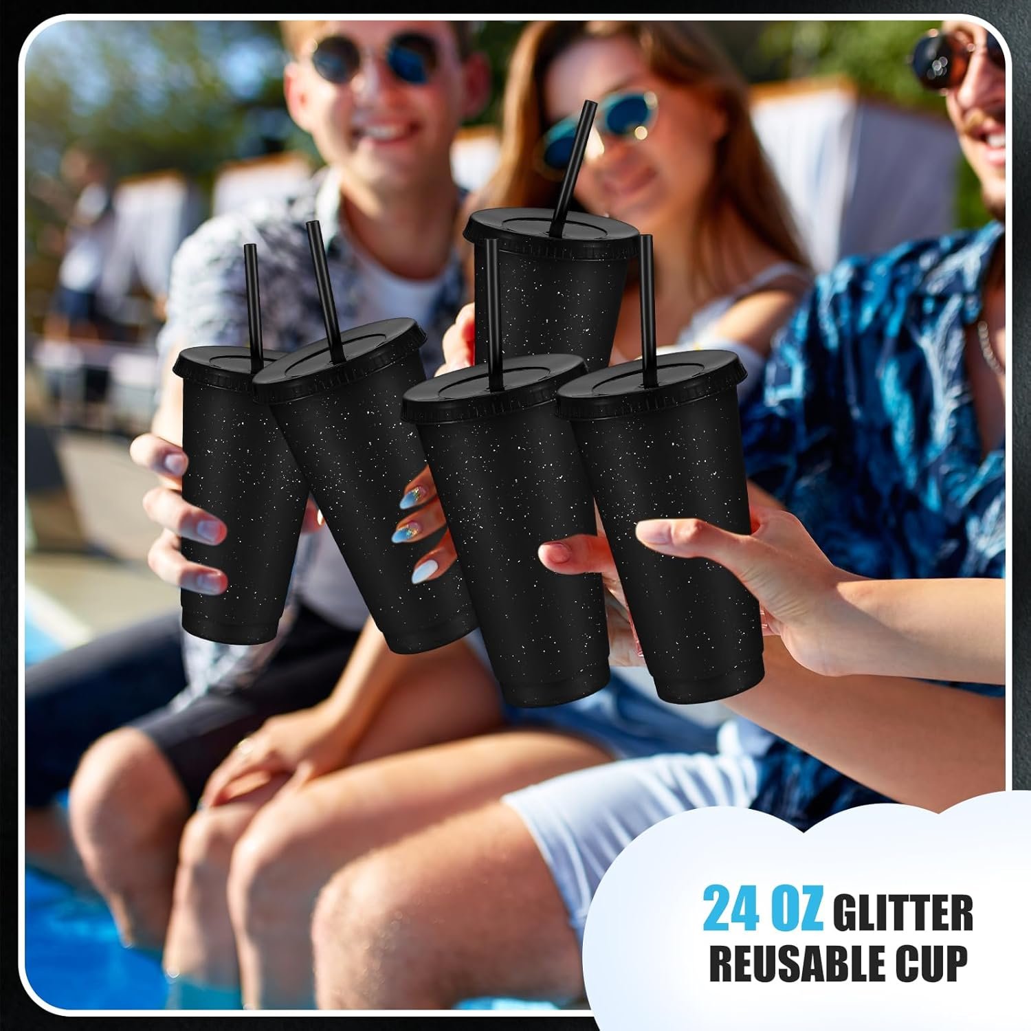 Grossiste Tumblers réutilisables 24 oz avec couvercles et pailles, Mug de voyage en plastique pour café glacé, logo personnalisé et vente en gros pour smoothies, jus, boissons froides, idéal pour adultes et enfants (Noir)