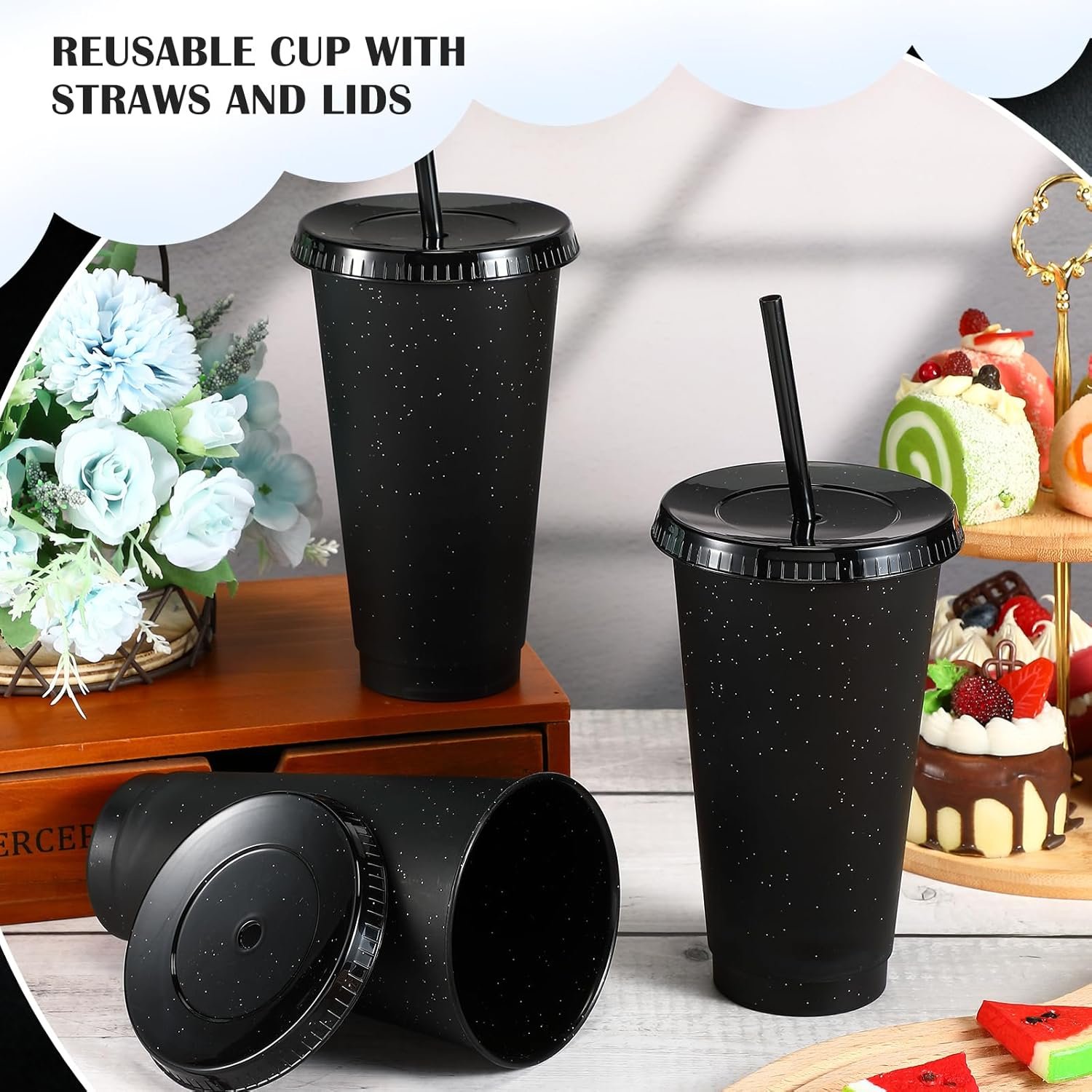 Grossiste Tumblers réutilisables 24 oz avec couvercles et pailles, Mug de voyage en plastique pour café glacé, logo personnalisé et vente en gros pour smoothies, jus, boissons froides, idéal pour adultes et enfants (Noir)