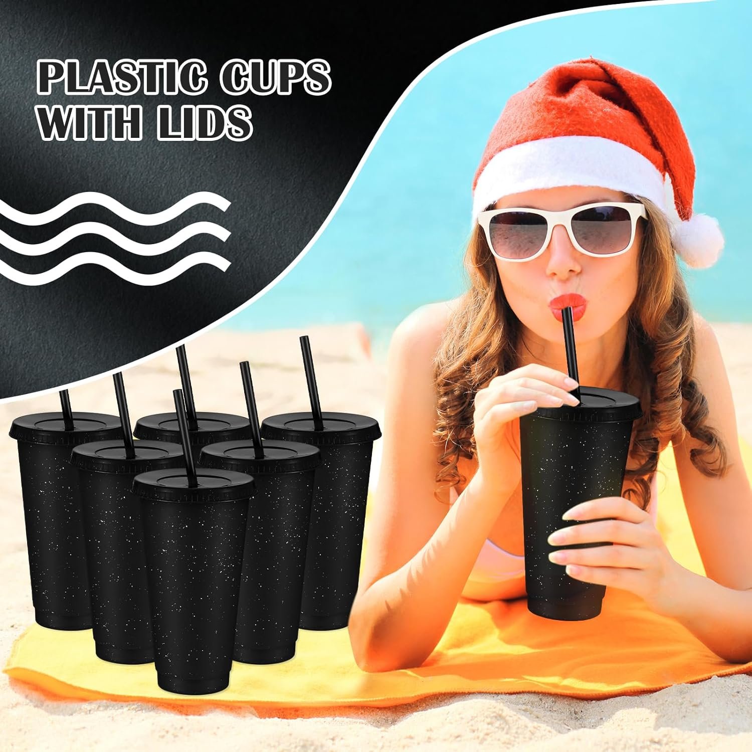 Grossiste Tumblers réutilisables 24 oz avec couvercles et pailles, Mug de voyage en plastique pour café glacé, logo personnalisé et vente en gros pour smoothies, jus, boissons froides, idéal pour adultes et enfants (Noir)