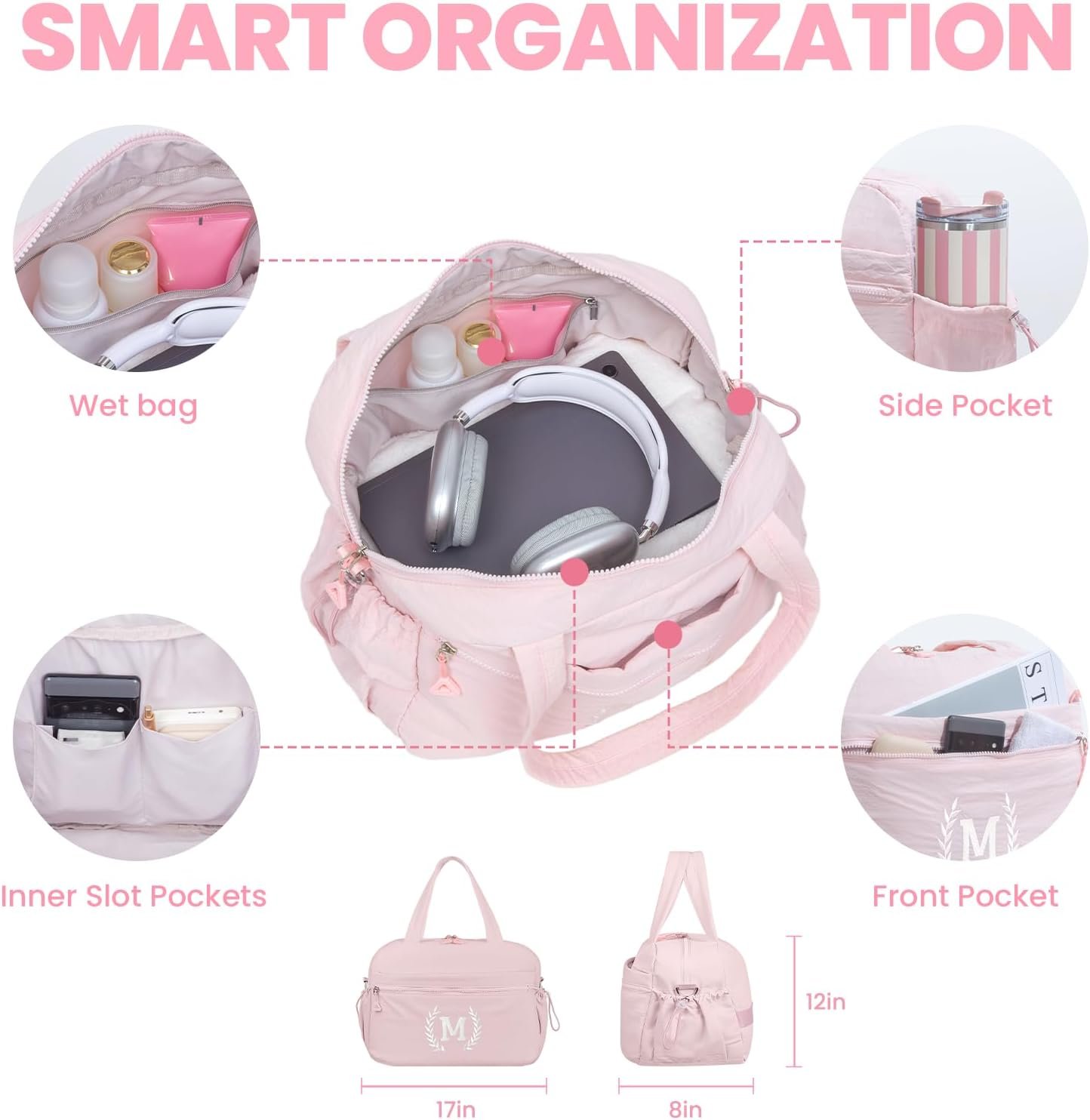 Grossiste Duffle Bag personnalisé pour femmes, enfants et amis, sac de week-end monogrammé pour nuitée, cadeau d'anniversaire pour adolescente, mère, fille, grand-mère, logo personnalisé (Rose, M) fabrication de fournisseur en gros.