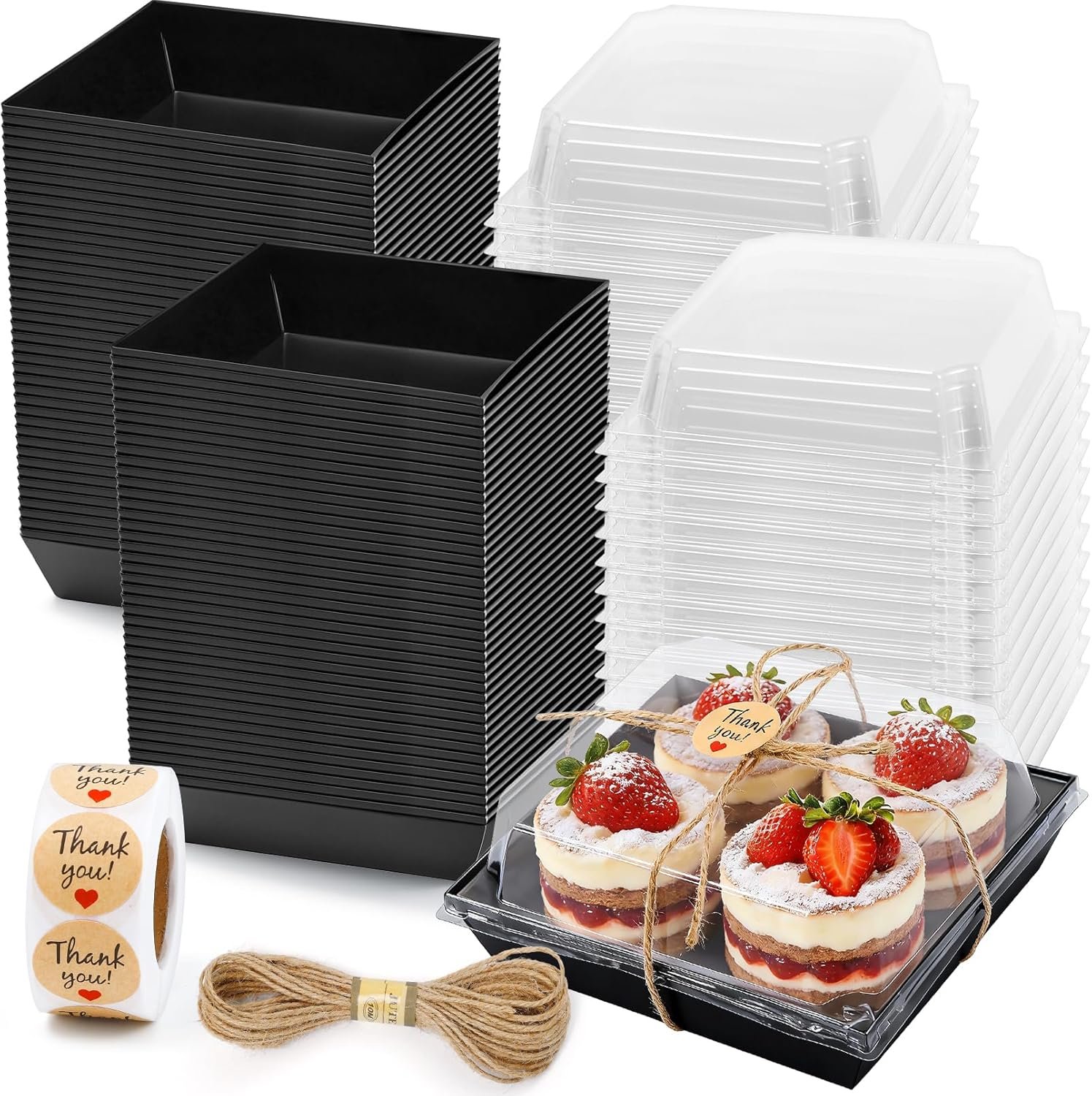 Pack de 100 Boîtes à Charcuterie avec Couvercles Transparents, 5 Pouces Conteneurs Alimentaires Jetables avec Autocollants "Merci" et Corde, pour Sandwich, Gâteau, Tranche de Biscuit, Fraises - Grossiste, Fabricant, OEM