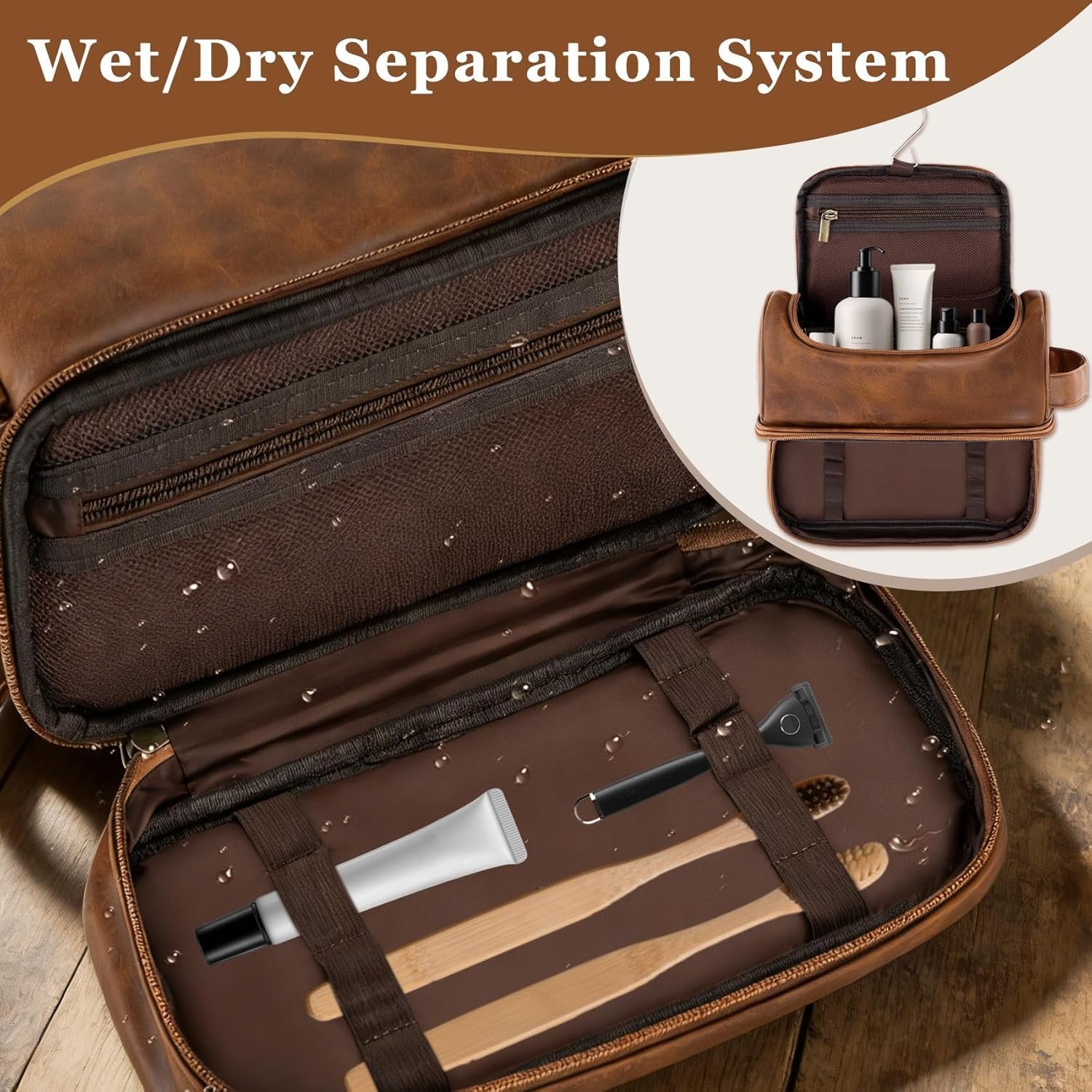 Grossiste Trousse de Toilette Personnalisée en PU Étanche avec Logo Personnalisé, Organiseur de Voyage Indispensable pour Homme, Cadeaux de Fête des Pères et Anniversaire pour Papa et Mari, Fabricant Dopp Kit en Marron Clair