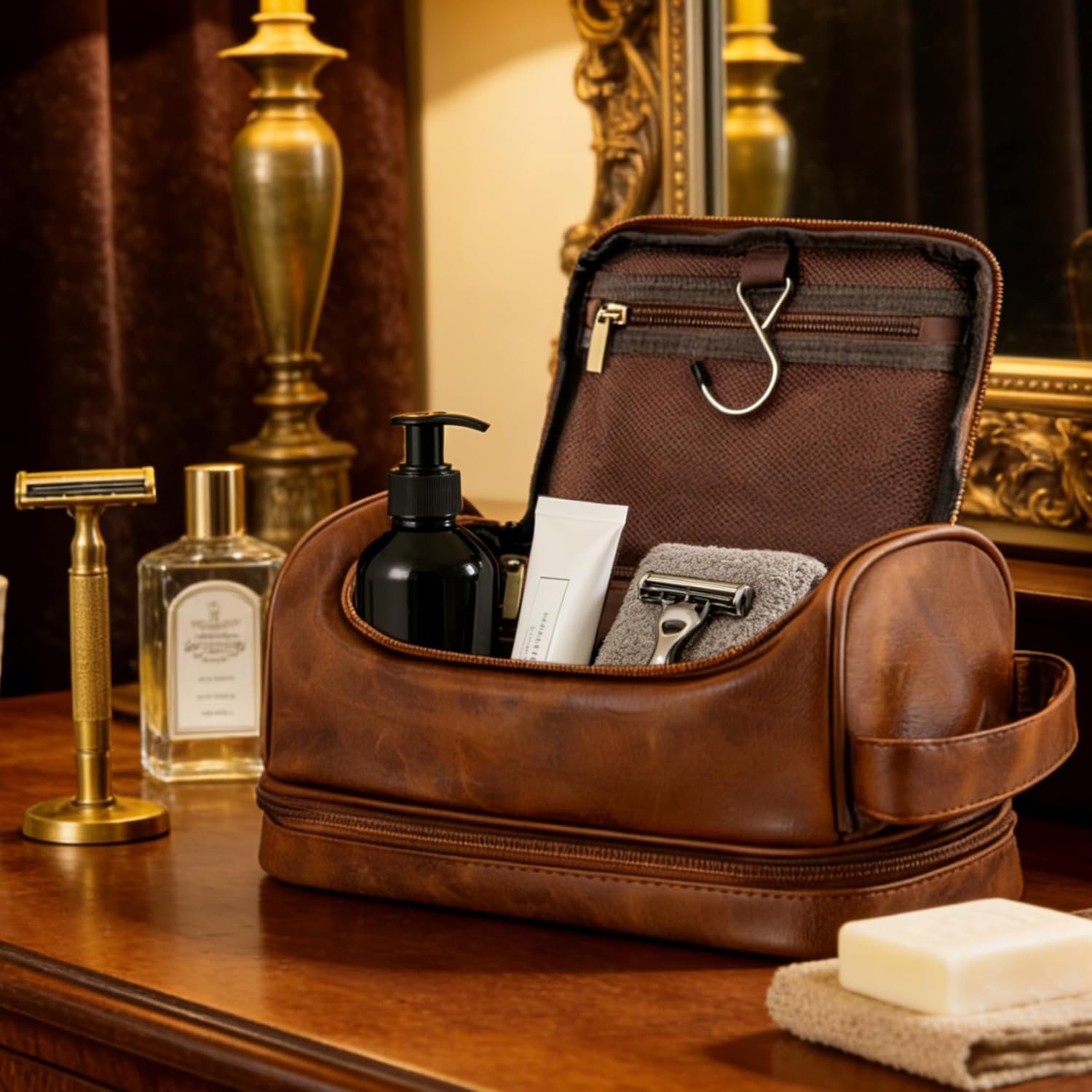 Grossiste Trousse de Toilette Personnalisée en PU Étanche avec Logo Personnalisé, Organiseur de Voyage Indispensable pour Homme, Cadeaux de Fête des Pères et Anniversaire pour Papa et Mari, Fabricant Dopp Kit en Marron Clair