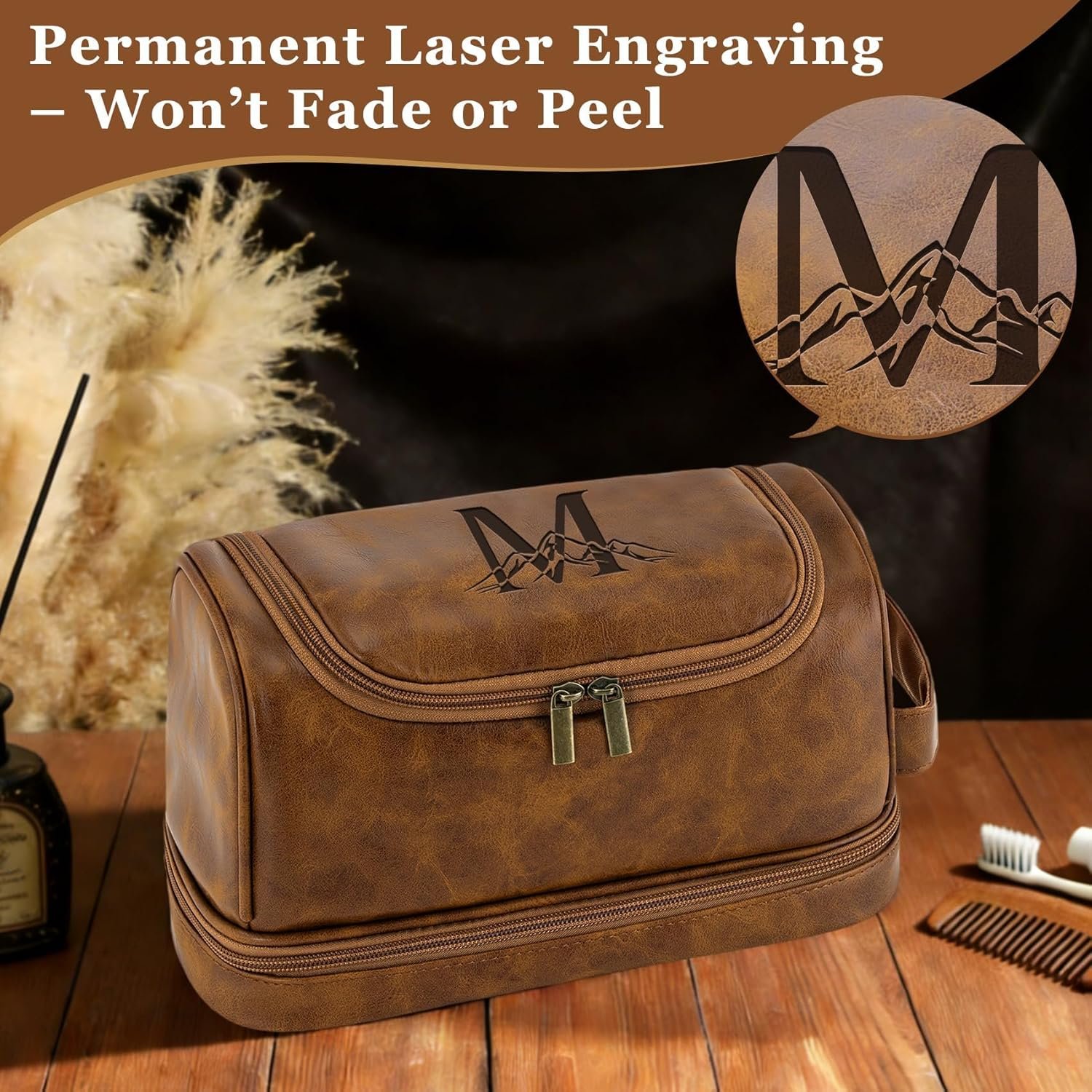 Grossiste Trousse de Toilette Personnalisée en PU Étanche avec Logo Personnalisé, Organiseur de Voyage Indispensable pour Homme, Cadeaux de Fête des Pères et Anniversaire pour Papa et Mari, Fabricant Dopp Kit en Marron Clair