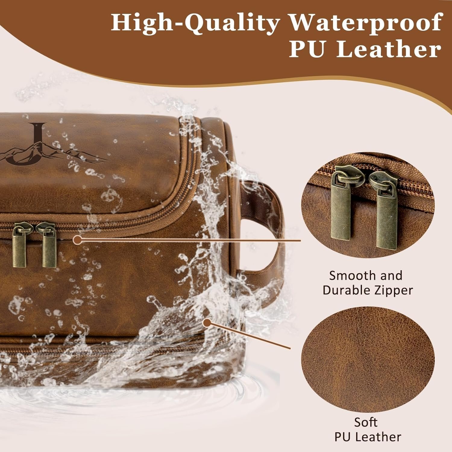 Grossiste Trousse de Toilette Personnalisée en PU Étanche avec Logo Personnalisé, Organiseur de Voyage Indispensable pour Homme, Cadeaux de Fête des Pères et Anniversaire pour Papa et Mari, Fabricant Dopp Kit en Marron Clair