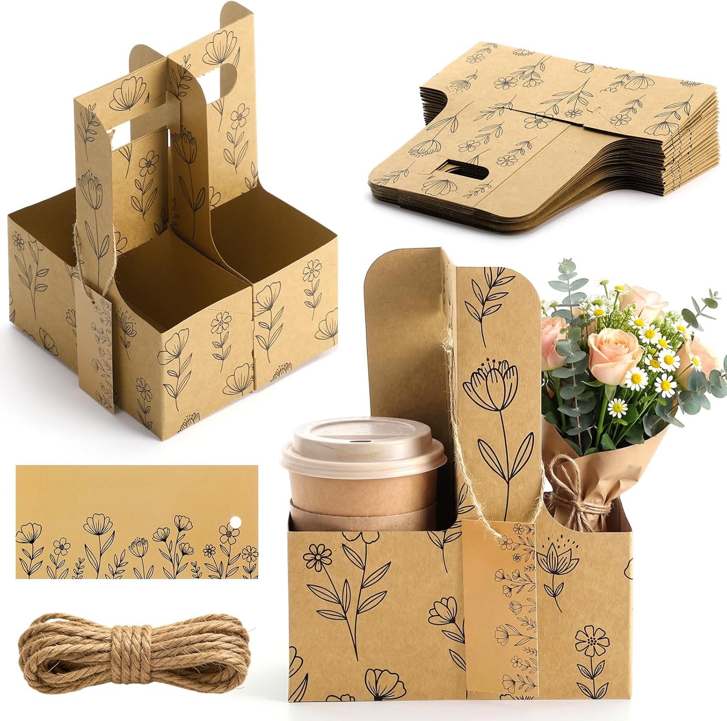 Grossiste porte-gobelets en kraft pour 2 gobelets avec anse 24 pièces, solution OEM pour boissons chaudes et froides, personnalisez votre marque pour les événements et livraisons.