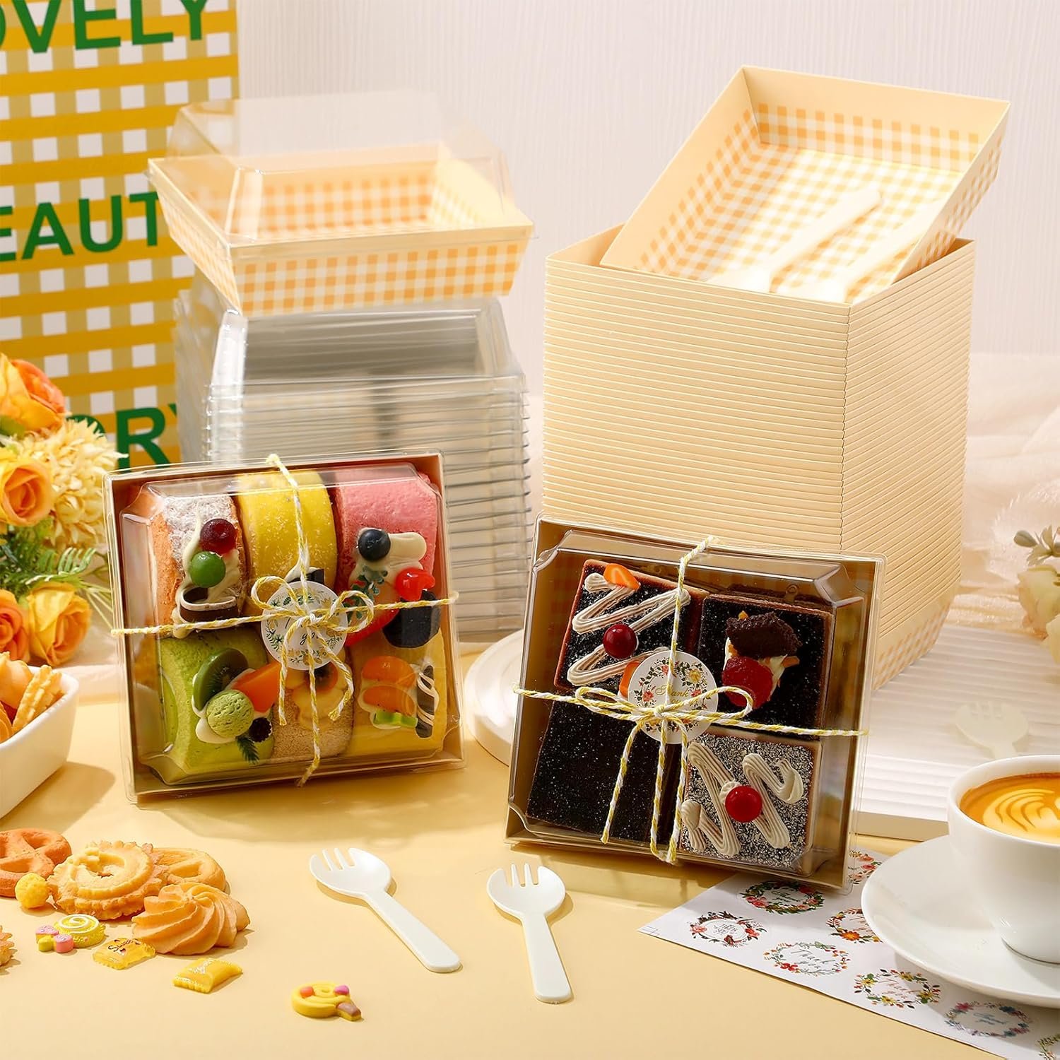 Grossiste 100 Pcs Boîtes à Charcuterie Pâtisseries avec Couvercles Transparent, Fournisseur de Contenants en Papier Jetez pour Sandwich Cookies avec Logo Personnalisé (Jaune, Chaud)