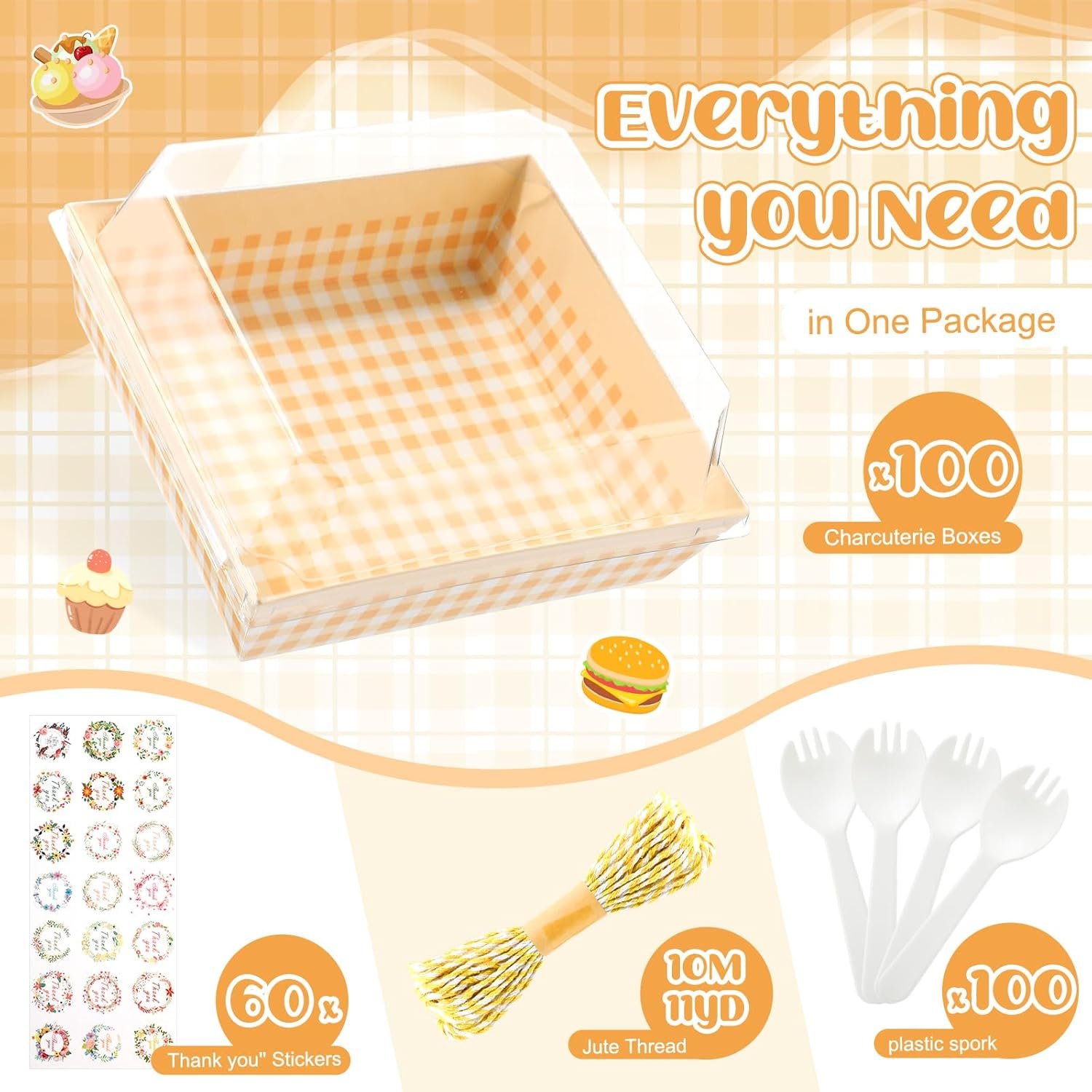 Grossiste 100 Pcs Boîtes à Charcuterie Pâtisseries avec Couvercles Transparent, Fournisseur de Contenants en Papier Jetez pour Sandwich Cookies avec Logo Personnalisé (Jaune, Chaud)