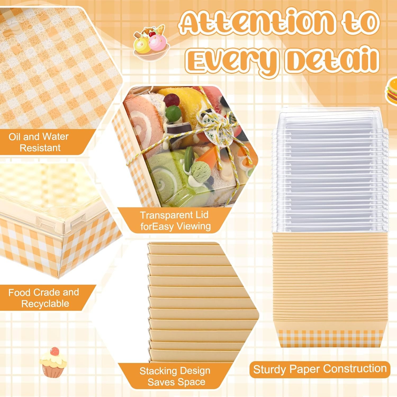 Grossiste 100 Pcs Boîtes à Charcuterie Pâtisseries avec Couvercles Transparent, Fournisseur de Contenants en Papier Jetez pour Sandwich Cookies avec Logo Personnalisé (Jaune, Chaud)