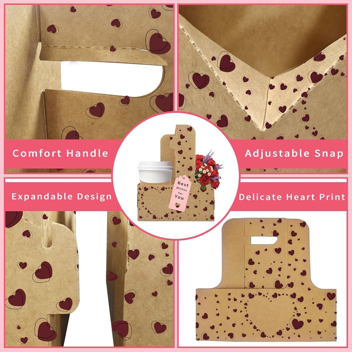 Grossiste 8 Set Porte-Gobelet en Carton, Support à Café avec Poignée, OEM pour Cadeaux de Saint-Valentin avec Carte de Vœux et Ruban, Marque Blanche en Kraft