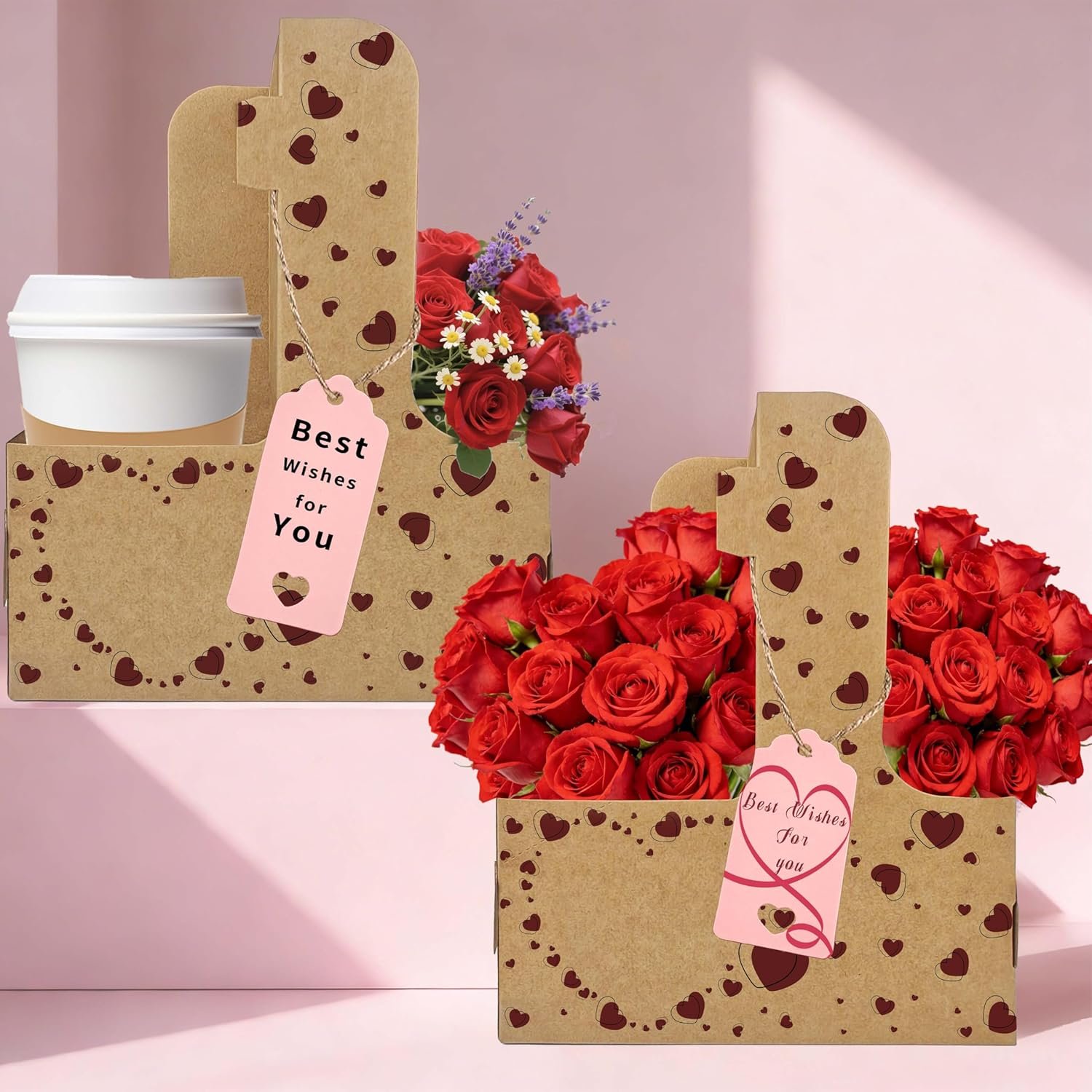 Grossiste 8 Set Porte-Gobelet en Carton, Support à Café avec Poignée, OEM pour Cadeaux de Saint-Valentin avec Carte de Vœux et Ruban, Marque Blanche en Kraft