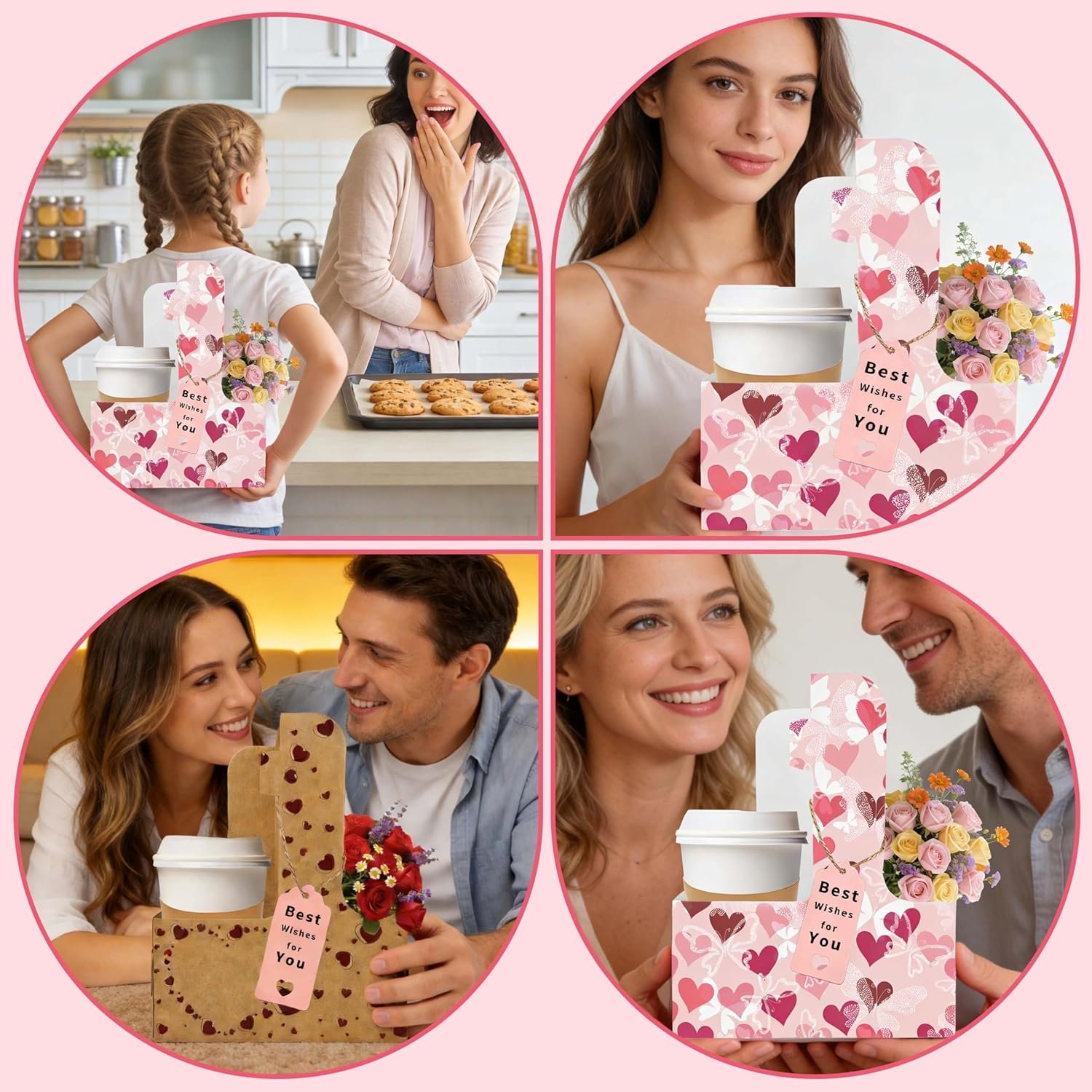 Grossiste 8 Set Porte-Gobelet en Carton, Support à Café avec Poignée, OEM pour Cadeaux de Saint-Valentin avec Carte de Vœux et Ruban, Marque Blanche en Kraft